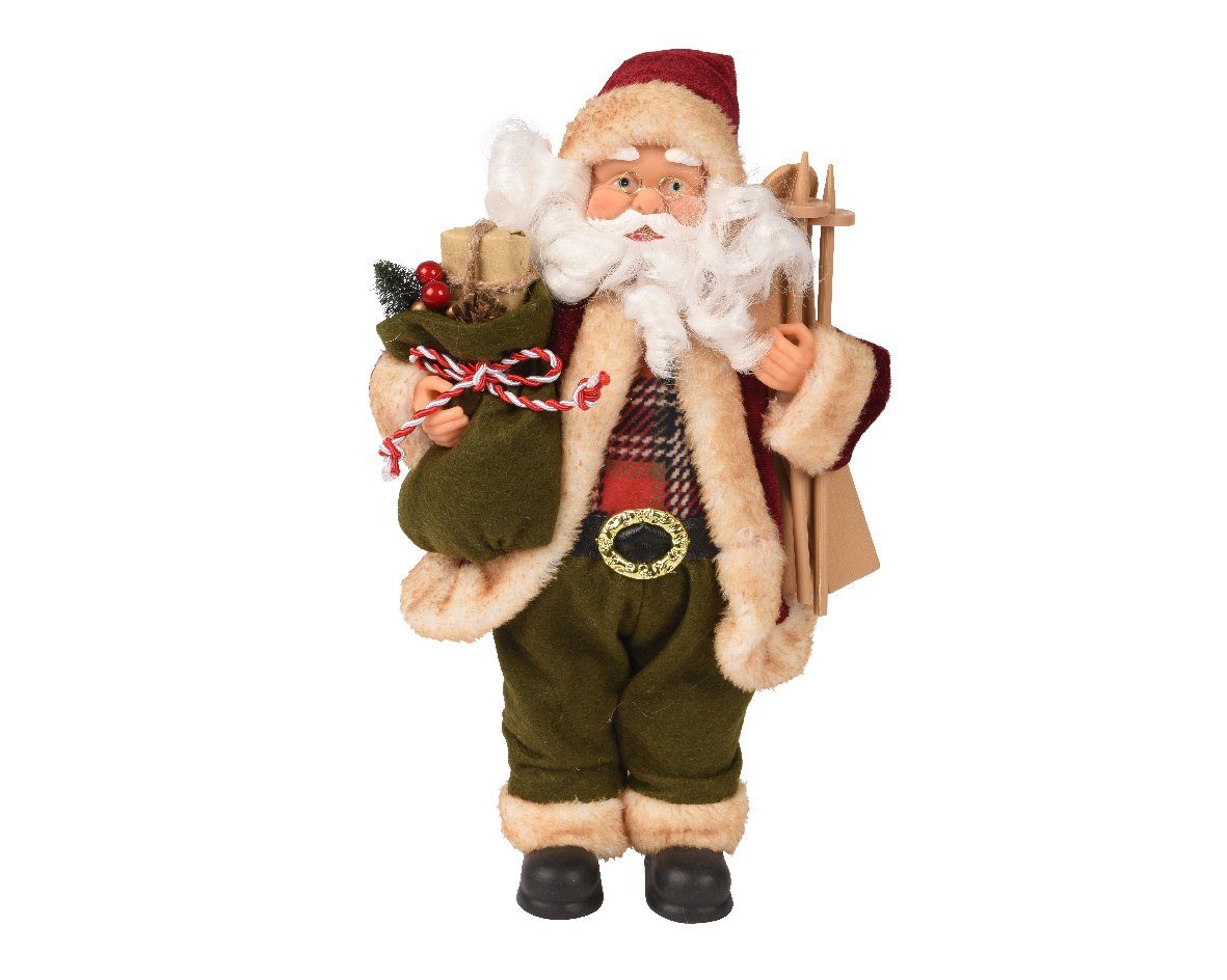 Kaemingk Weihnachtsmann, Weihnachtsmann Figur Kunststoff 30cm mit Geschenk und Ski - Rot / Grün