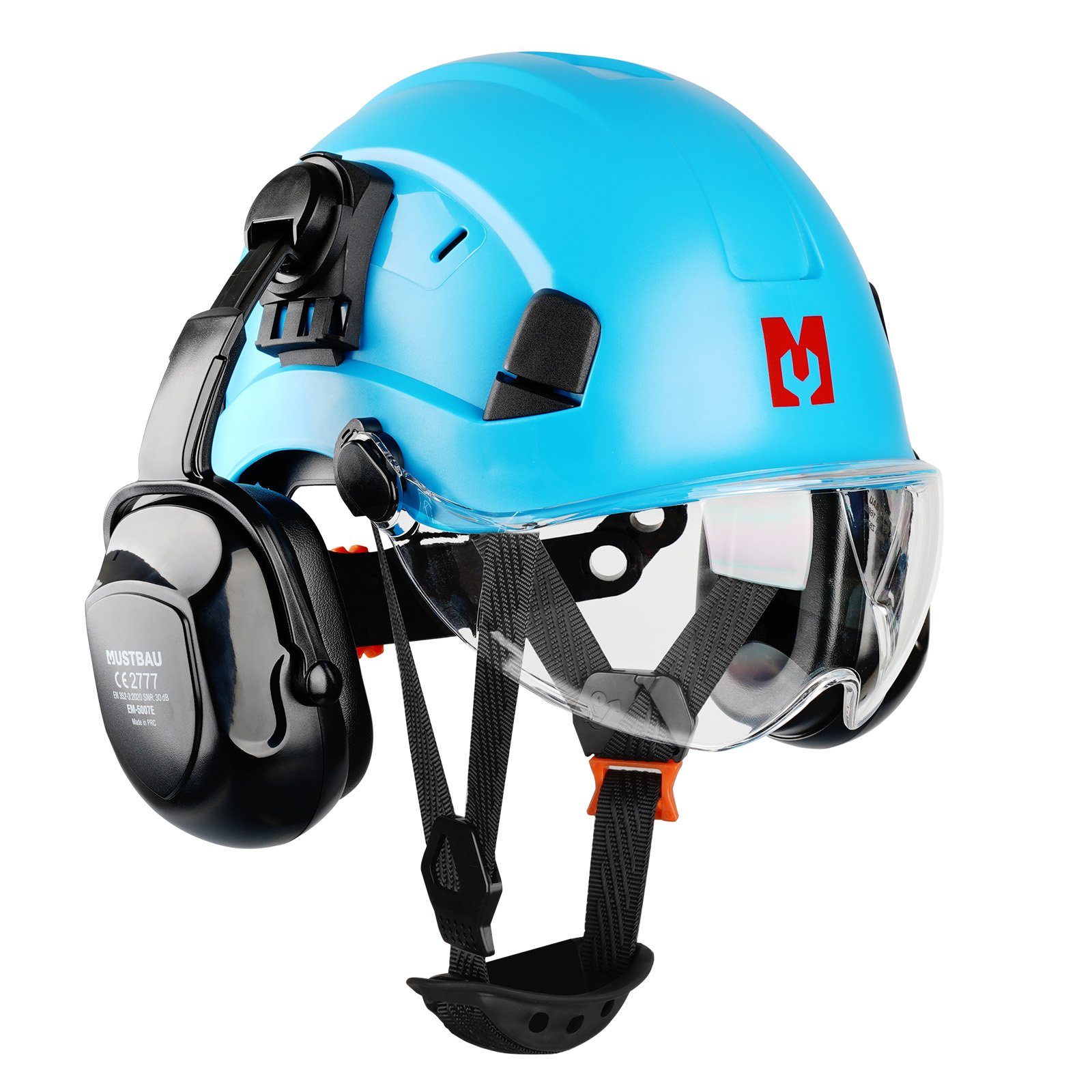 Mustbau Schutzhelm EN397, Arbeitshelm Mit Ohrschutz und Schutzbrille Set, ABS, 53- 63cm verstellbar
