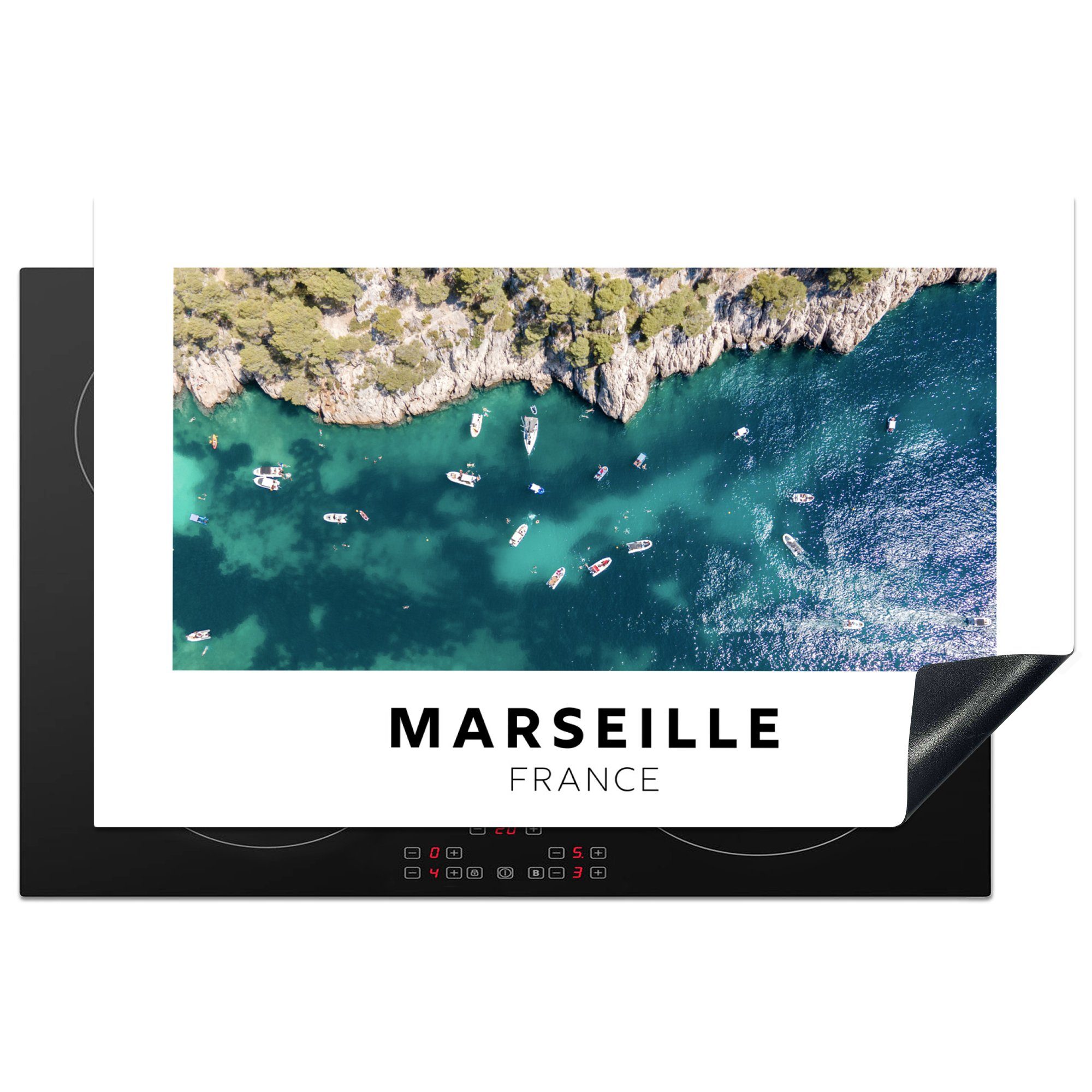 MuchoWow Herdblende-/Abdeckplatte Marseille - Frankreich - Boote, Vinyl, (1 tlg), 81x52 cm, Induktionskochfeld Schutz für die küche, Ceranfeldabdeckung