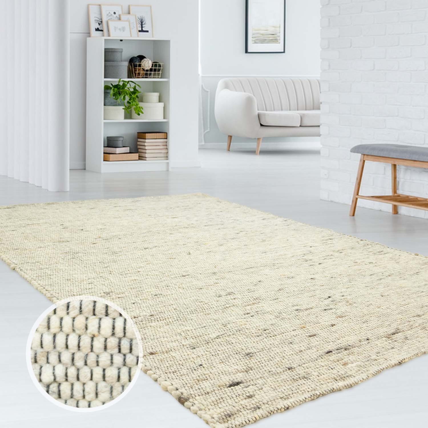 Wollteppich TaraCarpet Handweb Erfenstein, TaraCarpet, rechteckig, Höhe: 13 mm, Schurwollteppich beige gewalkt Wohnzimmer Schlaf- Esszimmer 090x160 natur meliert