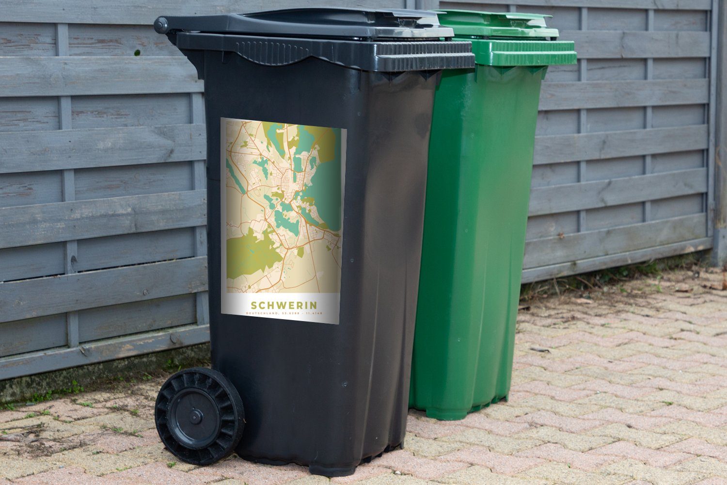 Jahrgang Abfalbehälter Sticker, - Mülleimer-aufkleber, Wandsticker - Stadtplan Mülltonne, (1 Container, - St), Karte MuchoWow Schwerin