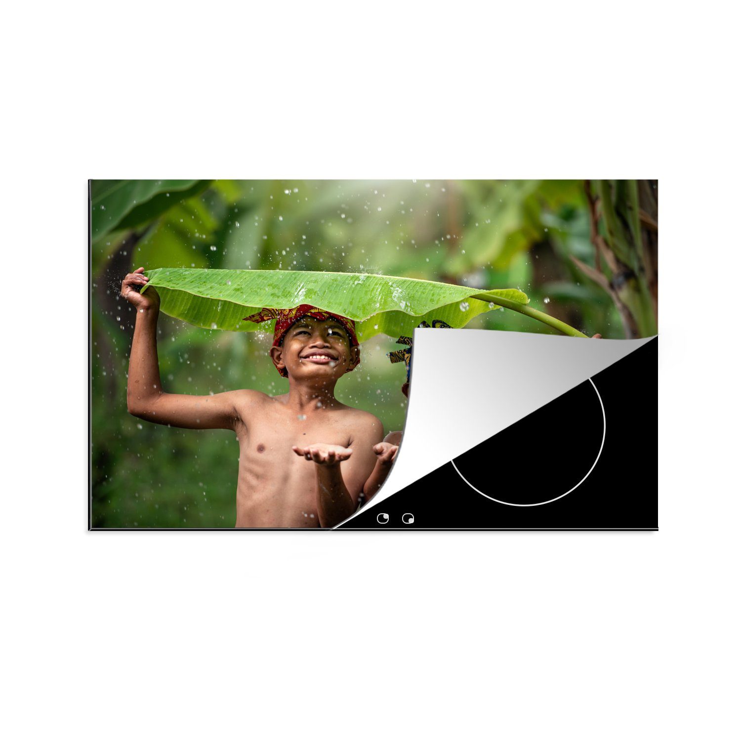 MuchoWow Herdblende-/Abdeckplatte Zwei Jungen suchen Schutz vor dem Regen, Vinyl, (1 tlg), 81x52 cm, Induktionskochfeld Schutz für die küche, Ceranfeldabdeckung