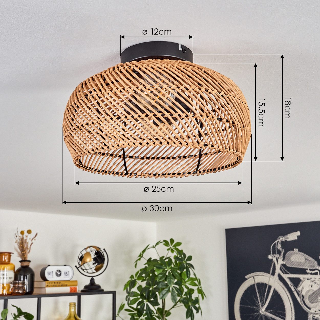 hofstein Deckenleuchte moderne Deckenlampe aus Metall/Bambus/Holz in Schwarz/Natur, Boho-Design Deckenleuchte,Lichteffekt, Ø40cm, 2xE27, ohne Leuchtmittel – Bild 4 von 5