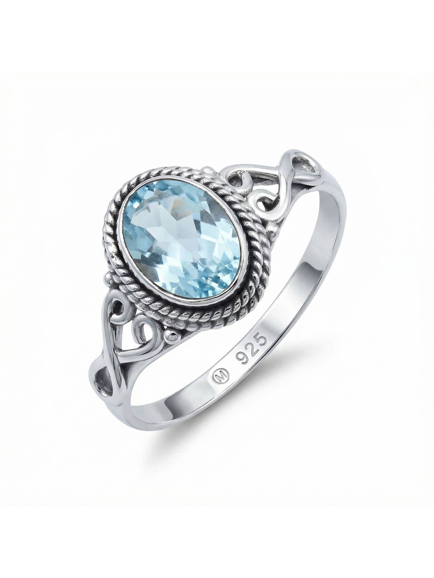 mantraroma Silberring BAGHIMI oval aus 925 Silber mit blau Topas (Ring mit Schmuckbeutel), Damenring aus 925er Silber