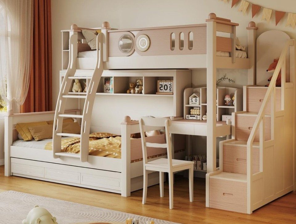 Xlmoebel Etagenbett XLMOEBEL Holz Etagenbett weiß mit Schubladen und integrierten Stufen (Etagenbett, 1-St., Etagenbett mit Schubladen), Made in Europa