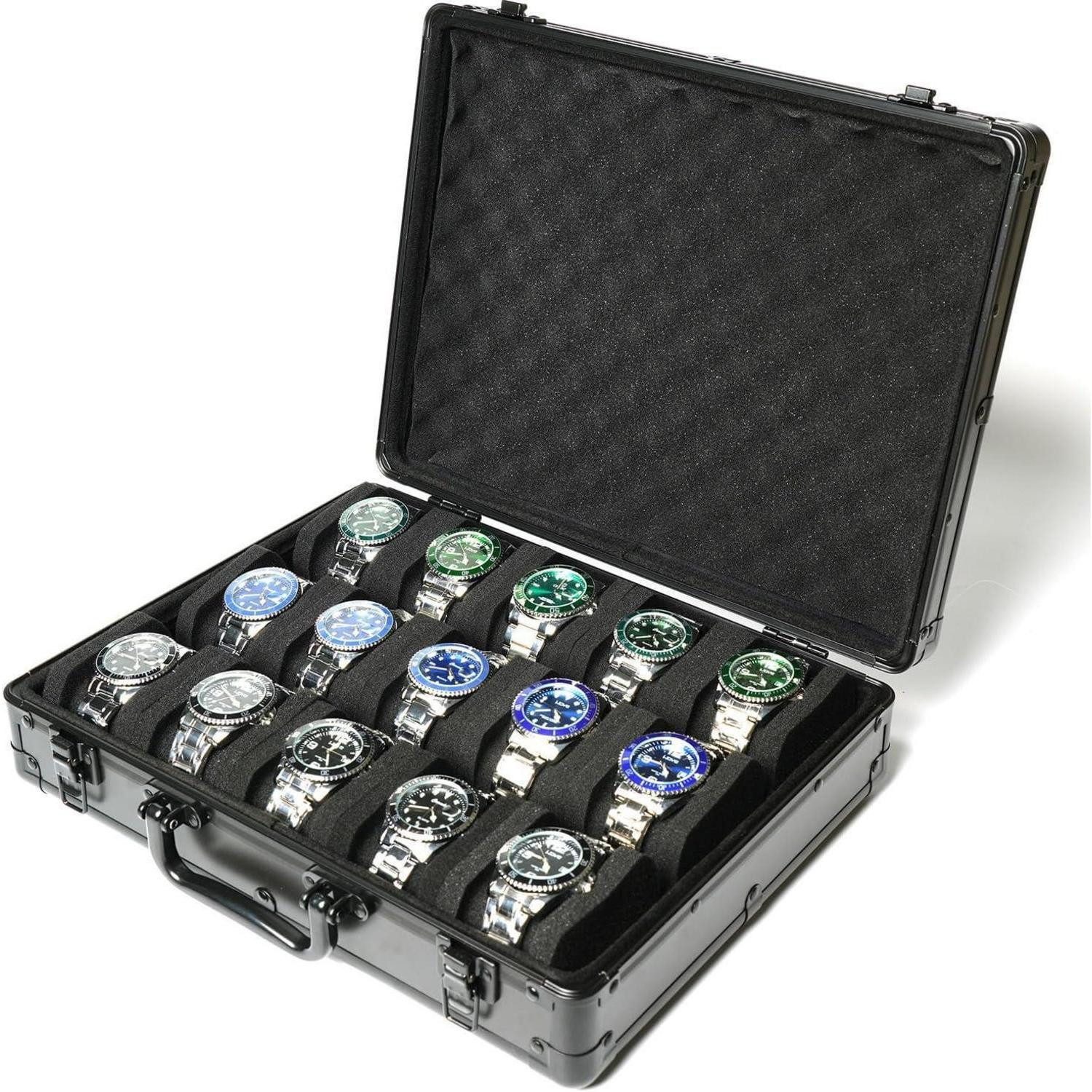 LuxusKollektion Uhrenetui Uhrenrollen Etui Uhrenkissen Damen Herren Schwarz mit 15 Schlitzen