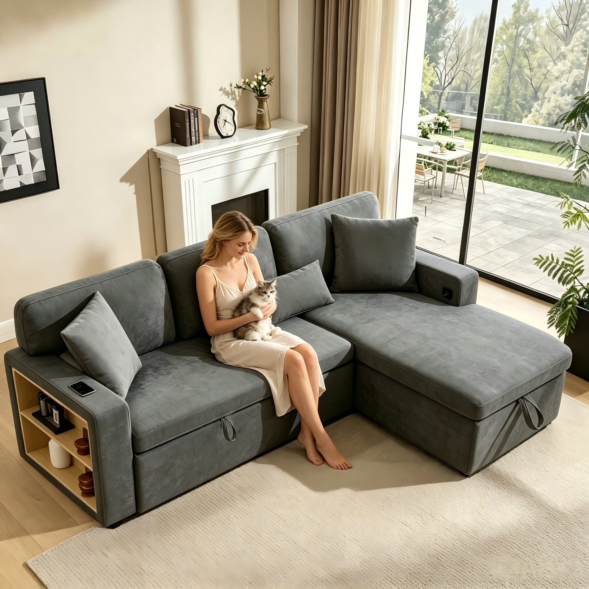 Merax Ecksofa L-Form Sofa, Loungesessel mit Schlaffunktion, Bettkasten, integriertem Regal & USB