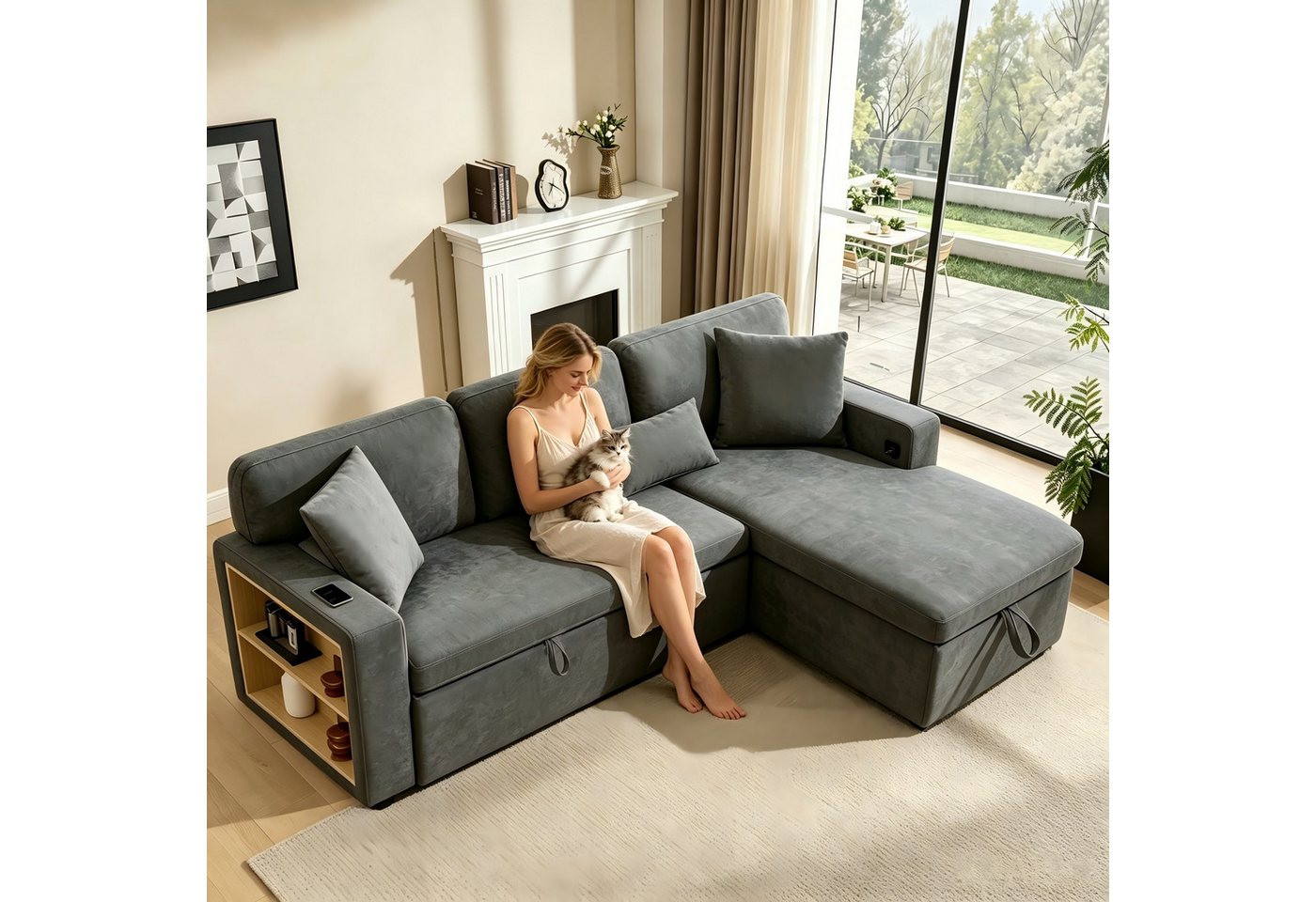 Merax Ecksofa L-Form Sofa, Loungesessel mit Schlaffunktion, Bettkasten, integriertem Regal & USB