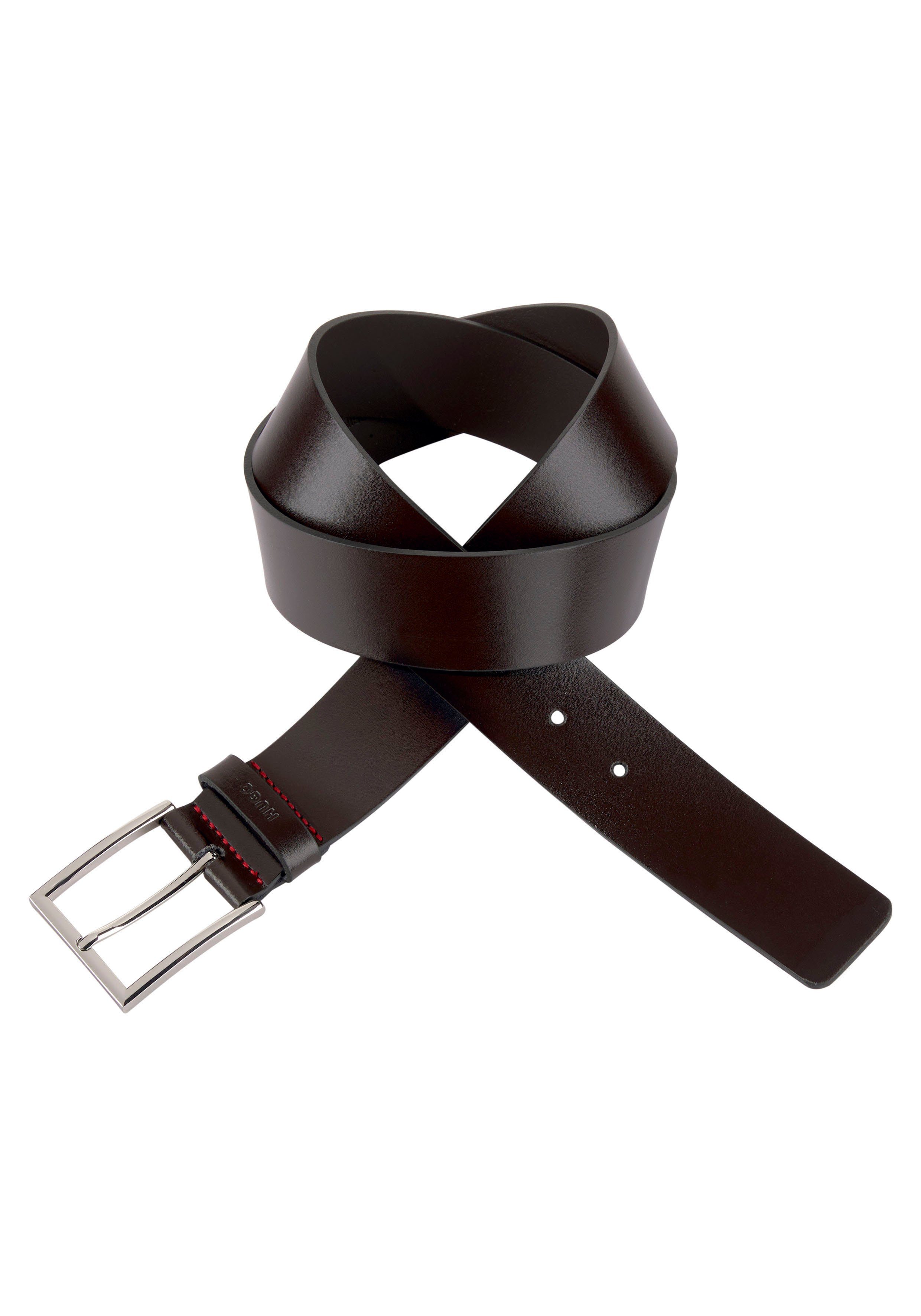 HUGO Ledergürtel Giaspo mit Logo-Prägung Naht roter Schlaufe dunkelbraun der auf und