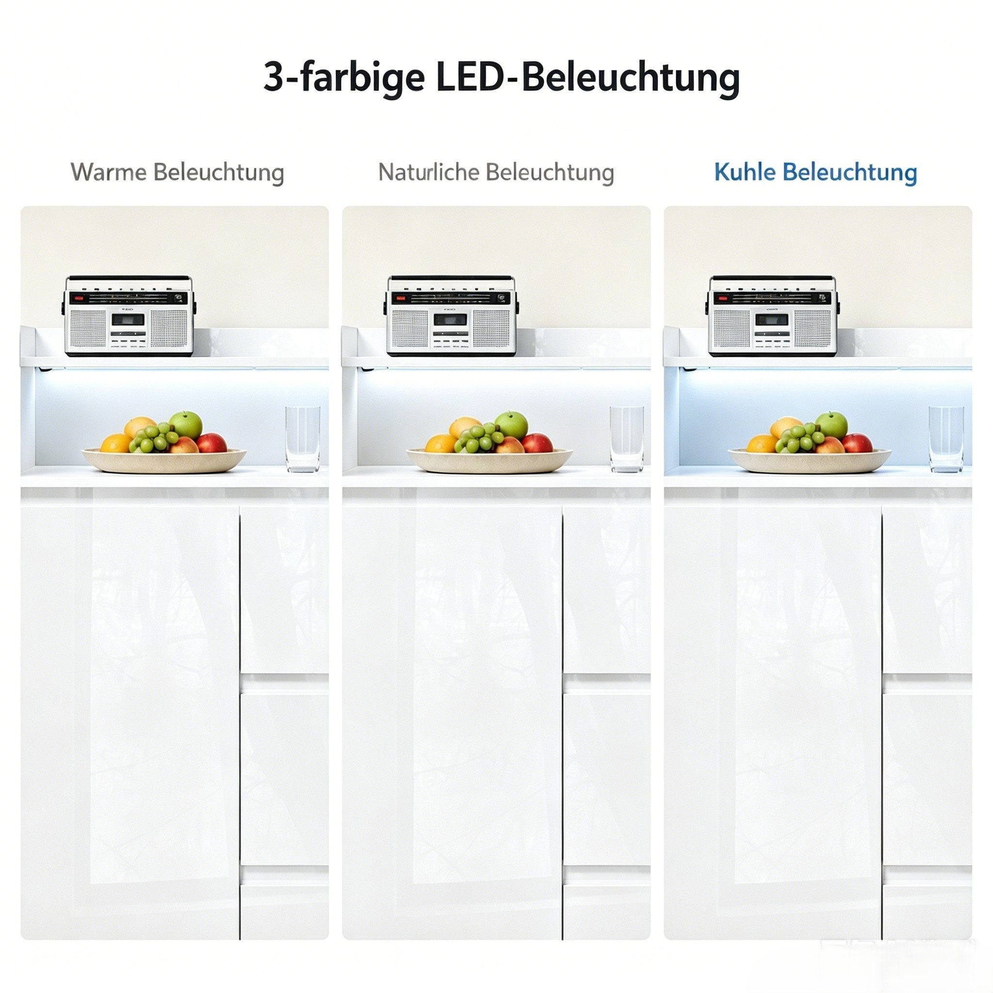 FUFU&GAGA Kommode Hochglanz Highboard mit 3 Schubladen, 110 cm hoch, mit LED-Beleuchtung