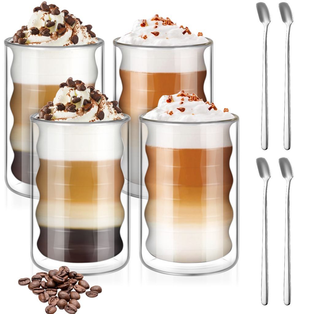 SAWAKE Latte-Macchiato-Glas 4/6x 350ml doppelwandige Thermogläser Kaffeegläser Espressotassen, 4-tlg., mit Rührlöffeln, Filzuntersetzer Set