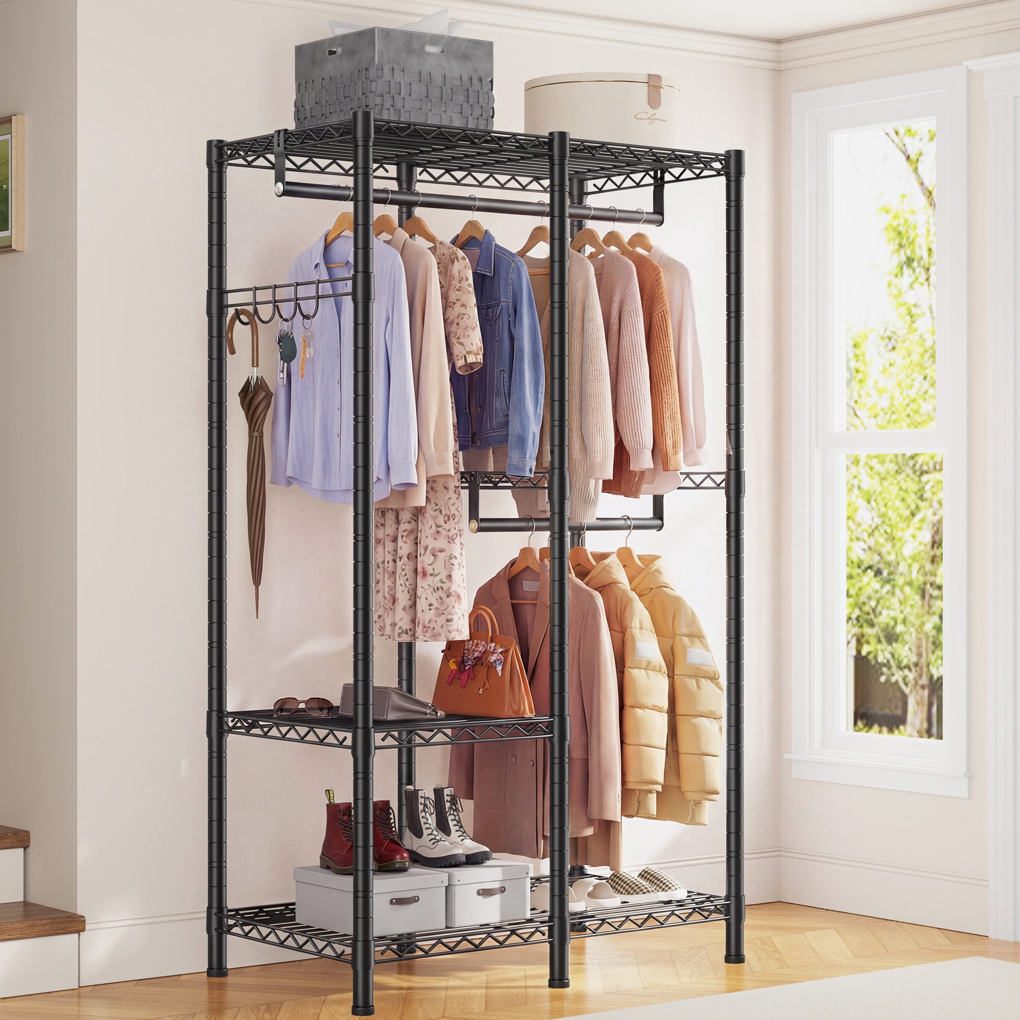 Klyvvo Kleiderständer Offener Kleiderschrank, Garderobenständer aus Metall, (1 St), mit 3 höhenverstellbaren Regalböden, 2 Kleiderstangen, 4 Haken