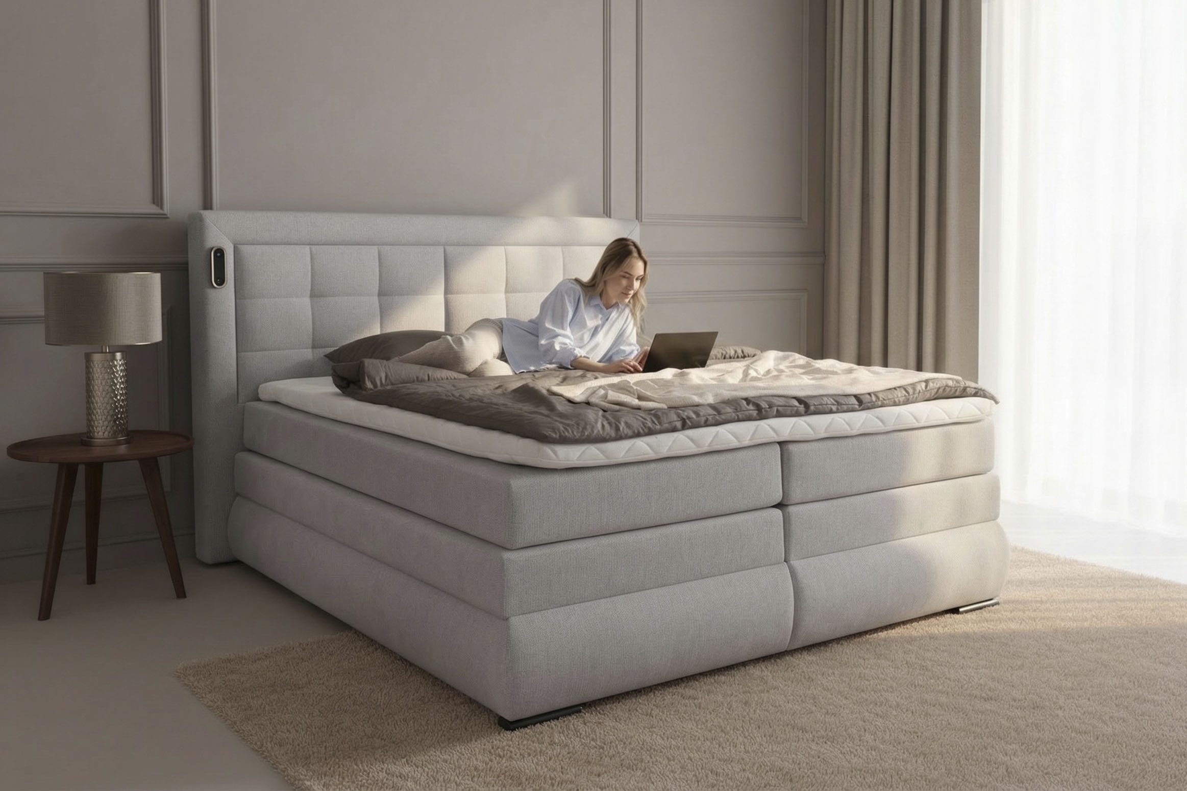 OTTO home Boxspringbett MIVVA mit Bettkasten, mit Taschenfederkernmatratze H3, H3/H4 mix, H4 (mit hochwertigem Strukturstoff, wahlweise mit LED-Leuchten), mit K – Bild 5 von 5