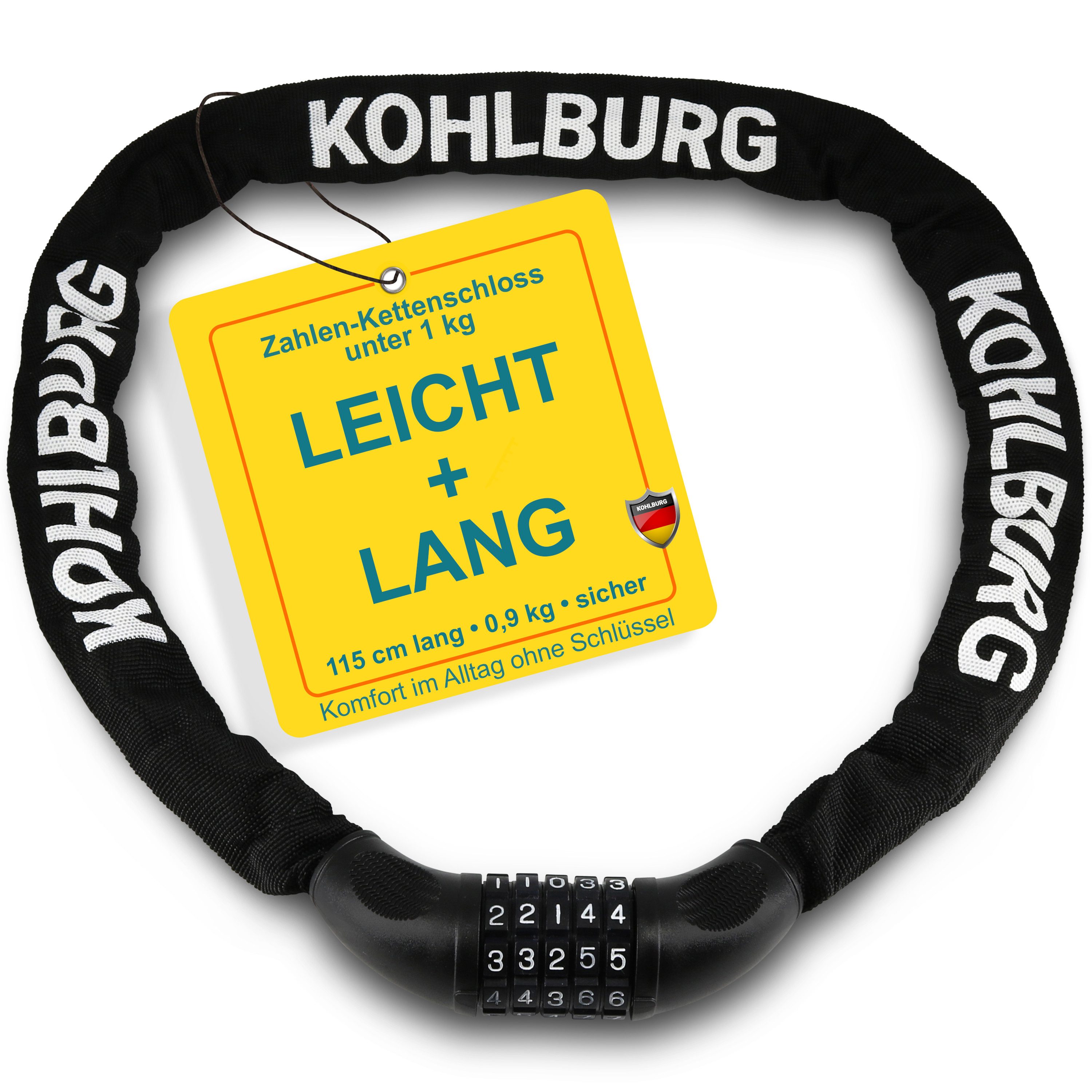 KOHLBURG Zahlenkettenschloss [115cm lang & 6mm stark] mit Zahlencode, sicheres Fahrradschloss [5-stellige Kombination] für Fahrrad & E-Bike