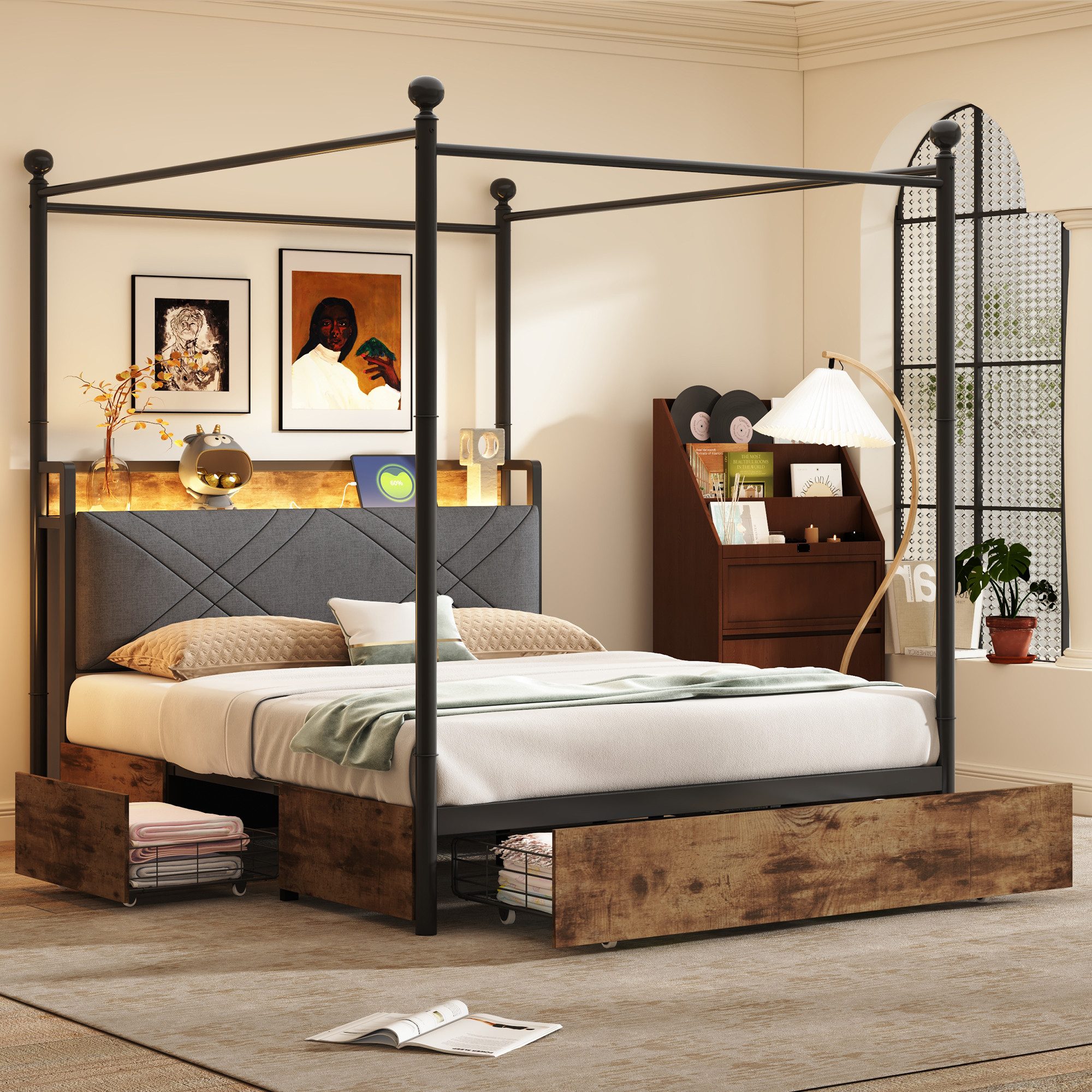 Celya Himmelbett Multifunktionales Doppelbett Jugendbett (ohne Matratze, mit abnehmbaren Bettpfosten mit LED, USB undType-C, mit Stauraum), ideal für moderne Schlafzimmer, Jugendzimmer oder kompakte Wohnungen