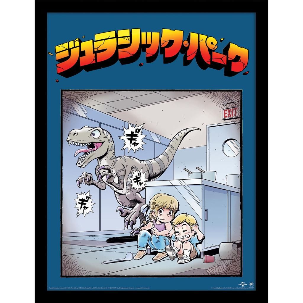 Jurassic Park Bild mit Rahmen Anime Raptor, Kunstdruck