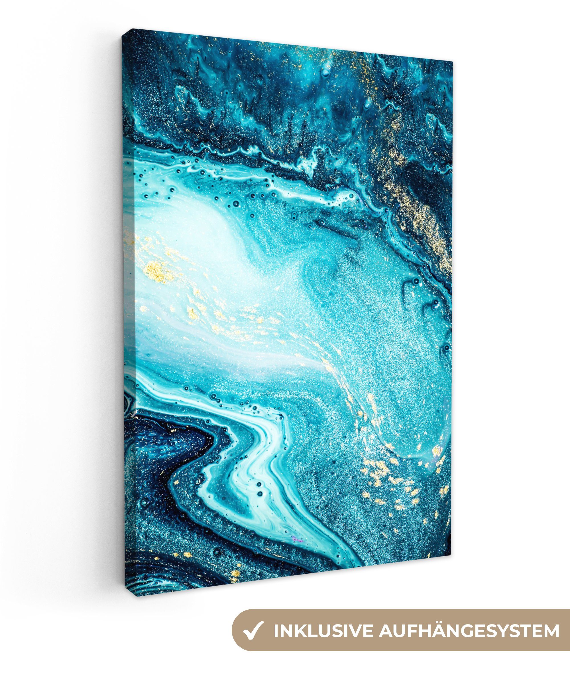 OneMillionCanvasses® Leinwandbild Marmoroptik - Blau - Gold - Luxe - Glitzer - Marmor, Marmor - Blau (1 St), Leinwand Bilder für Wohnzimmer Schlafzimmer, 40x60 cm