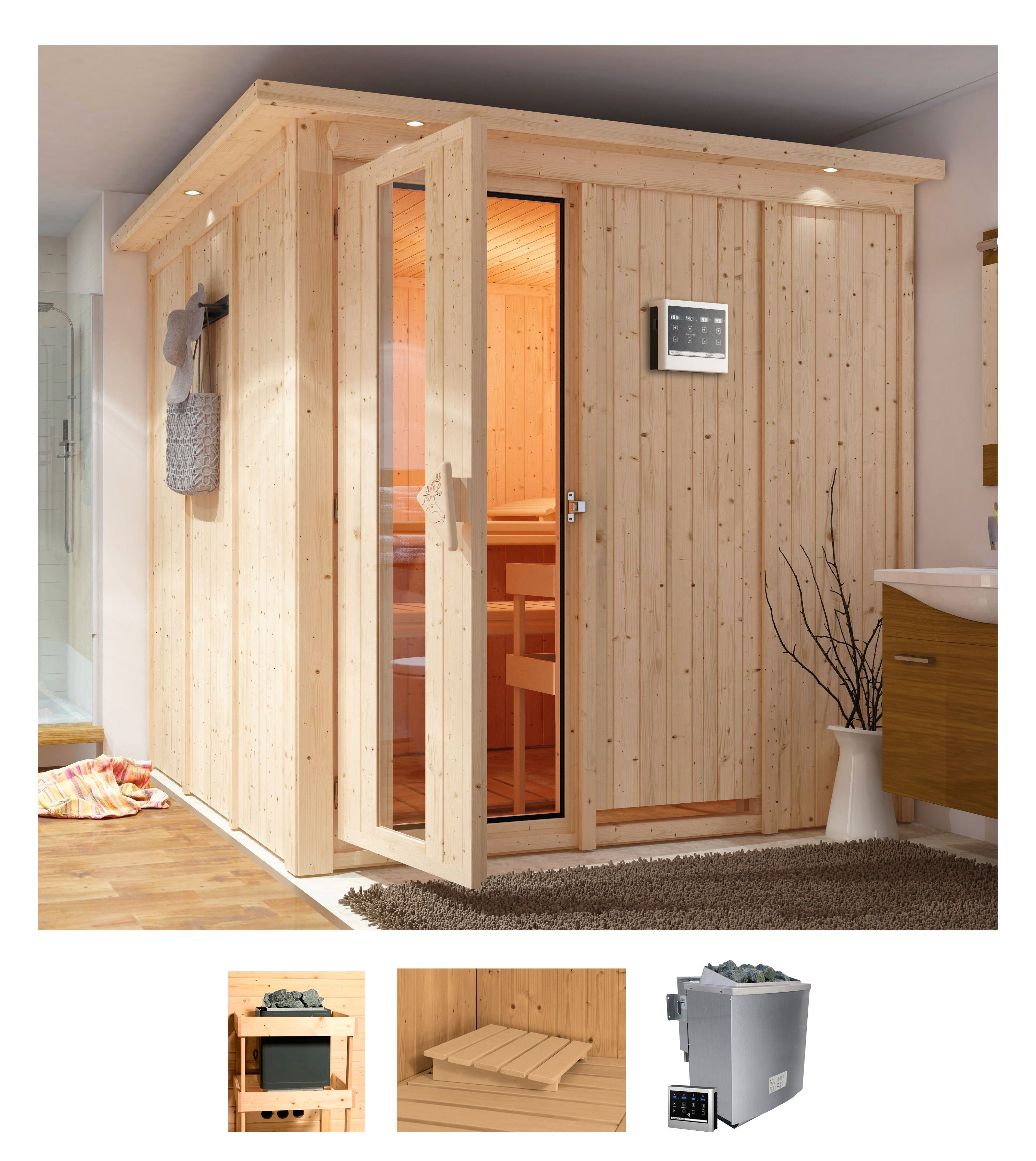 Karibu Sauna Romina, BxTxH: 210 x 210 x 202 cm, 68 mm, (Set) 9-kW-Bio-Ofen mit externer Steuerung