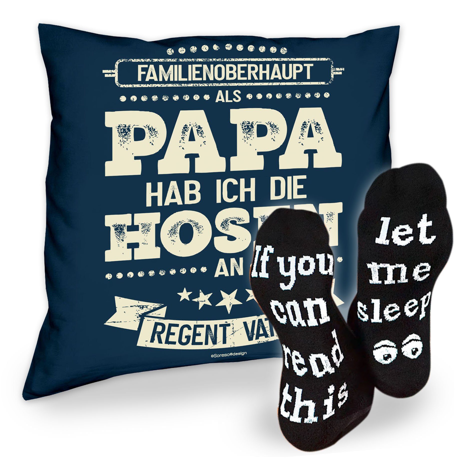 Soreso® Dekokissen Kissen Als Papa hab ich die Hosen an & Sprüche Socken Sleep, Geschenk Geburtstagsgeschenk navy-blau