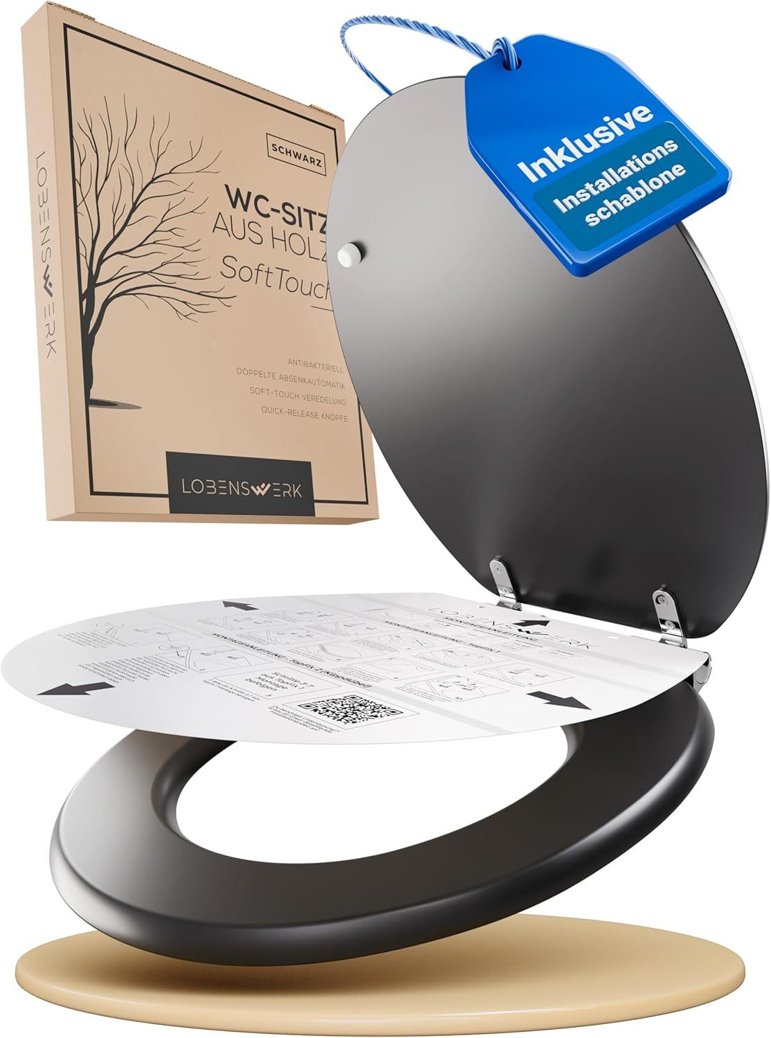 Lobenswerk WC-Sitz Toilettendeckel mit Absenkautomatik, Klodeckel, Klobrille, SoftClose, antibakteriell, UV-beständig, inkl. Installationsschablone