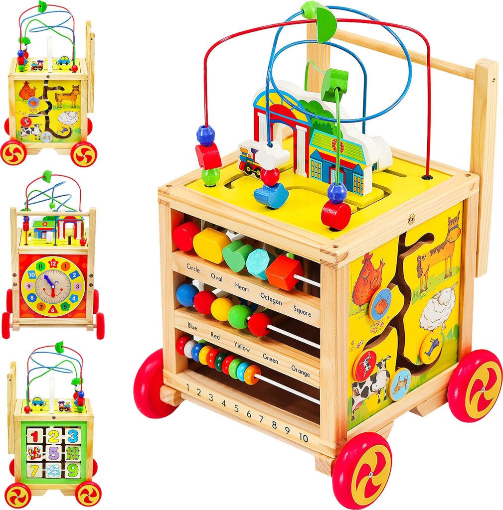 KRUZZEL Motorikschleife Großer Holz Motorikwürfel mit Rollen Lernspielzeug Gehhilfe 12+