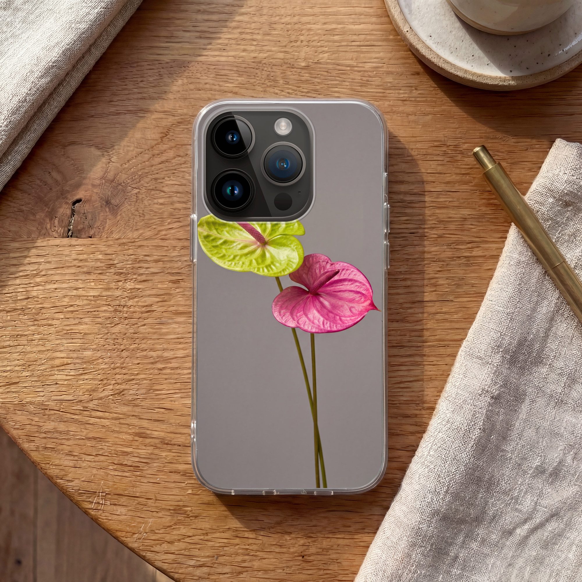 MuchoWow Handyhülle für Apple iPhone 14 Pro Pflanzen - Anthurium - Grün - Rosa, Smartphone-Bumper, Print, Handy Schutzhülle Dünn