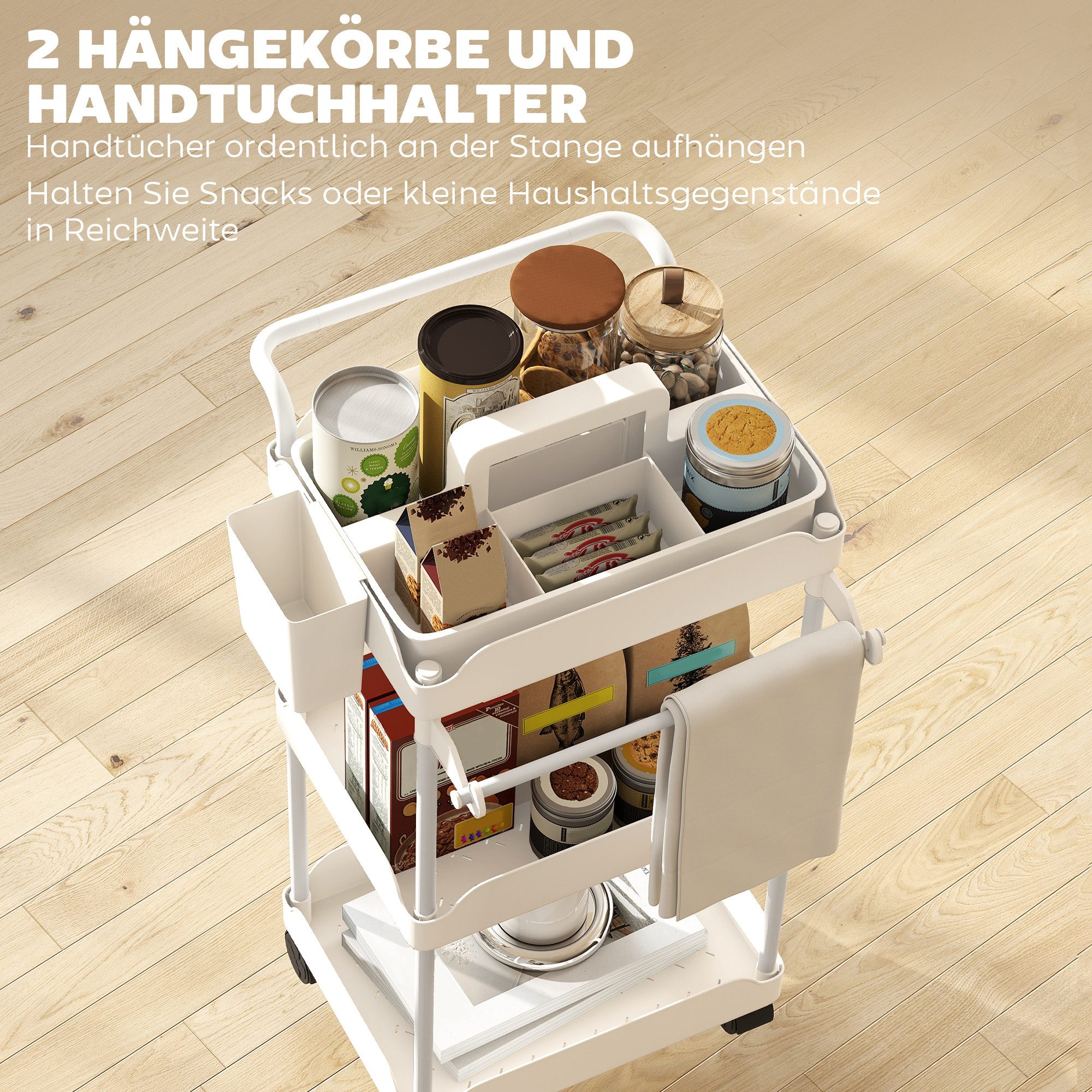 HOMCOM Küchenwagen Rollwagen mit 3 Ebenen Servierwagen mit hängenden Körben, (Servierwagen, 1 St., Rollwagen), für Wohnzimmer Küche Bad Büro Weiß – Bild 5 von 5