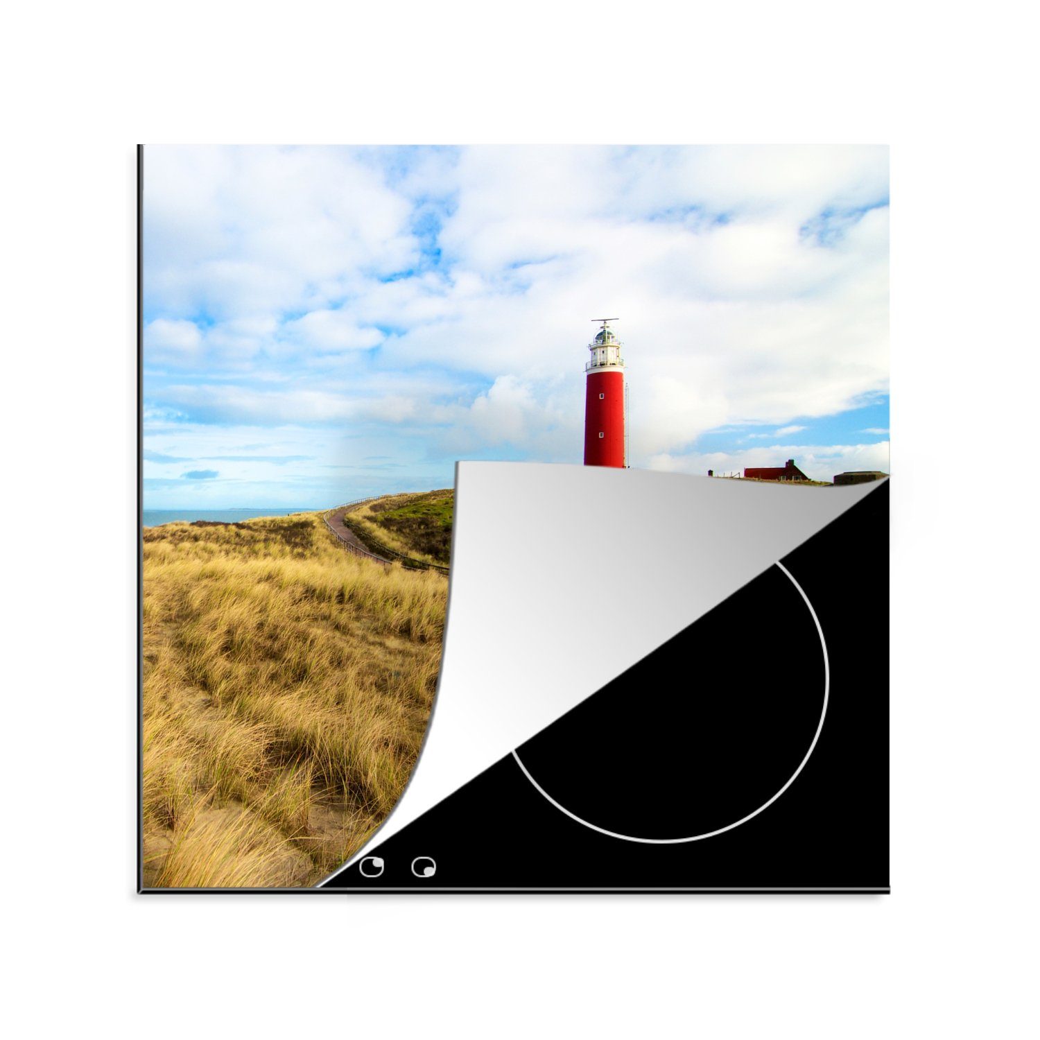 Strand tlg), für Ceranfeldabdeckung, küche Herdblende-/Abdeckplatte - (1 - Wolken, cm, 78x78 Arbeitsplatte Vinyl, MuchoWow Leuchtturm