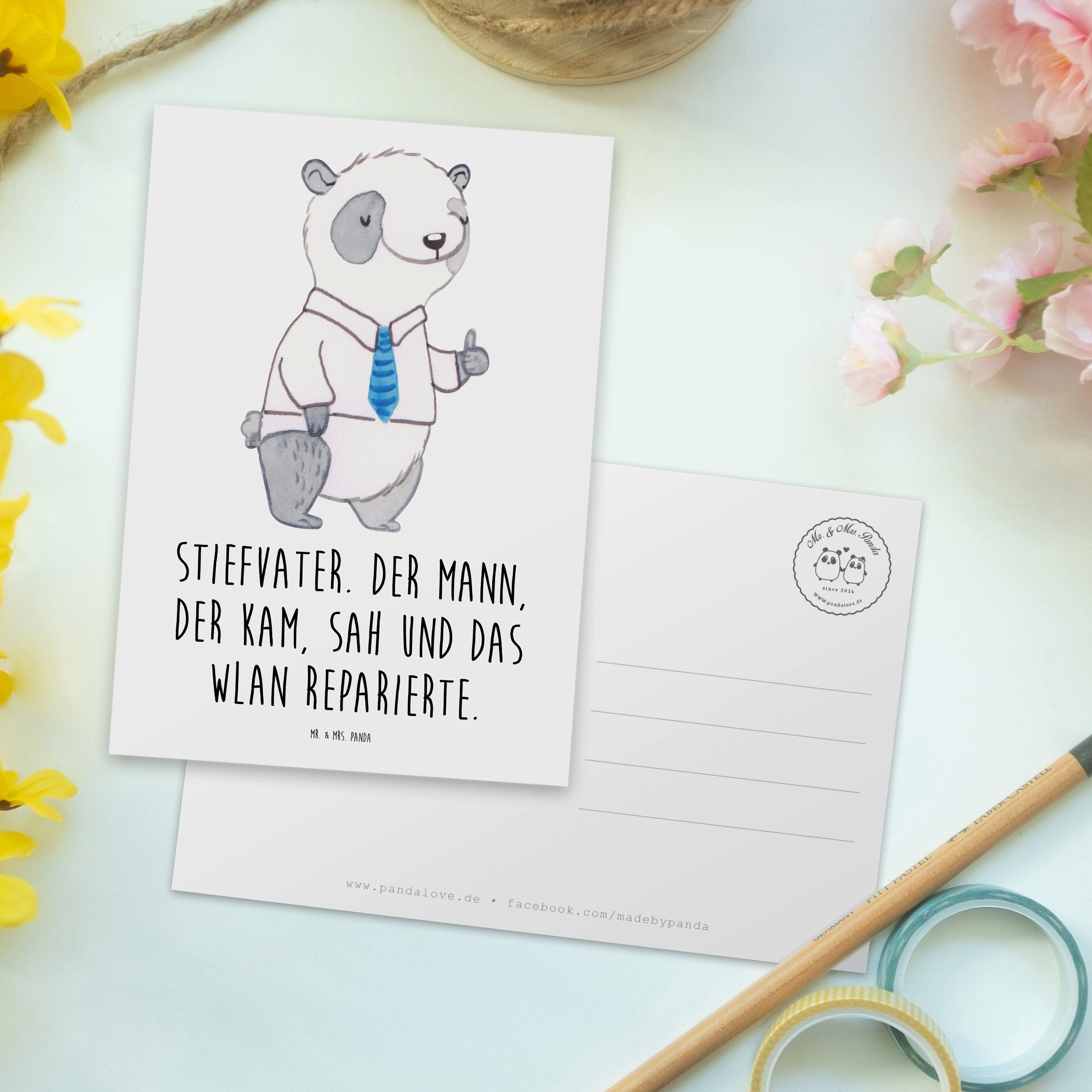 Thumbnail - Mr. & Mrs. Panda Postkarte Stiefvater Held - Weiß - Geschenk, Familie, Jubiläen, Dankeskarte, Ei, Glücksmomente teilen