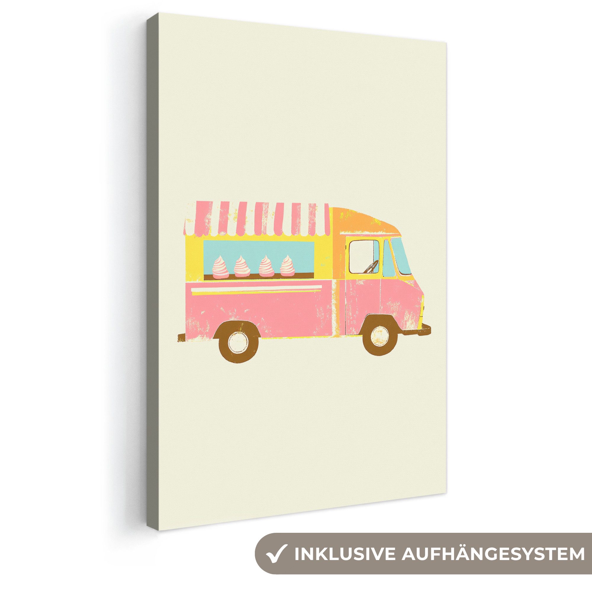 OneMillionCanvasses® Leinwandbild Eiscreme-Wagen - Retro - Softeis - Rosa, Fotodruck (1 St), Leinwand Canvas Wandbild, Wanddekoration 20x30 cm