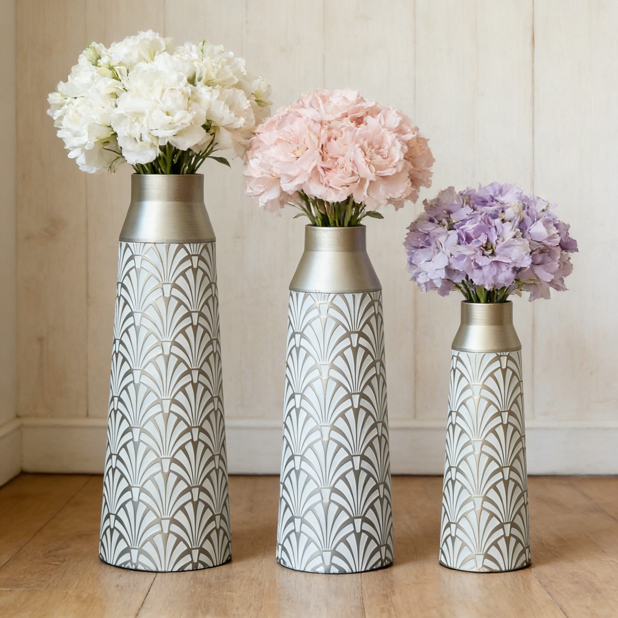 BlingBin Bodenvase 3er Set Deko-Bodenvase, 83/65/50 cm Hohes Metall-Set Dekovase (3er Set, 3 St., Groß: 20*20*61CM/Mittel: 17*17*51CM/Klein: 15*15*43,5CM), Dekorative Vase für Wohnzimmer, Flur und Schlafzimmer, Silber