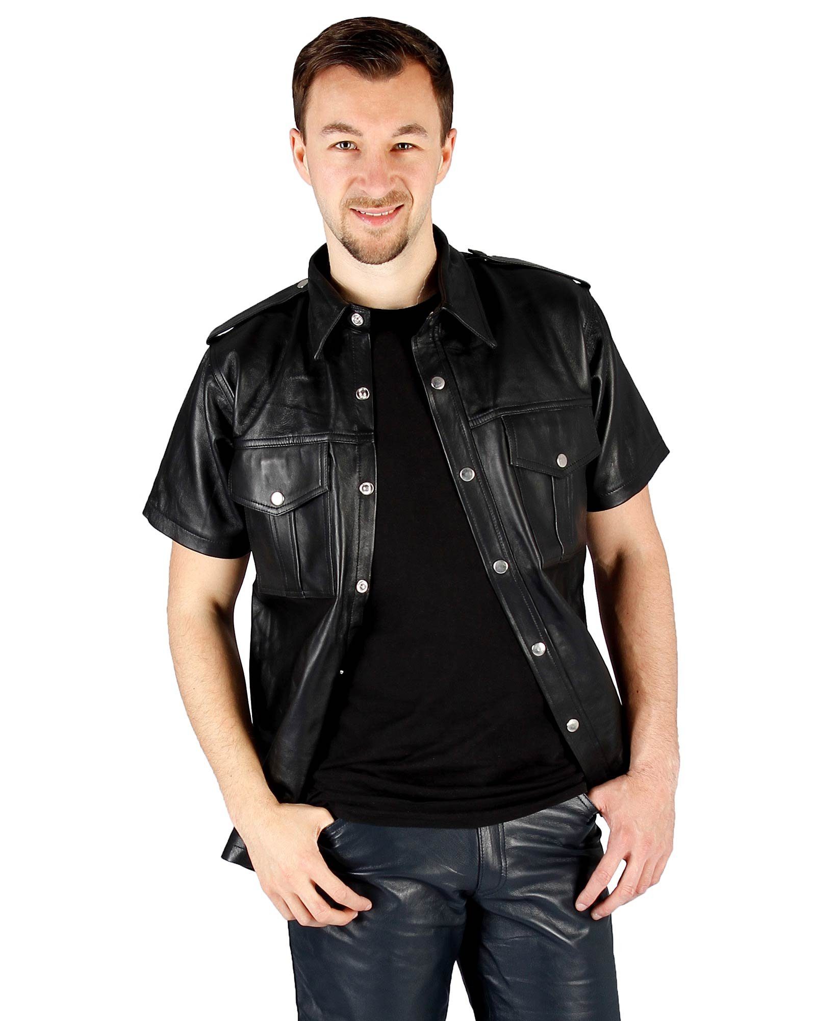 Fetish-Design Kurzarmhemd Lederhemd California Schwarz Echtes Nappa Leder Herren Hemd kurzer Arm