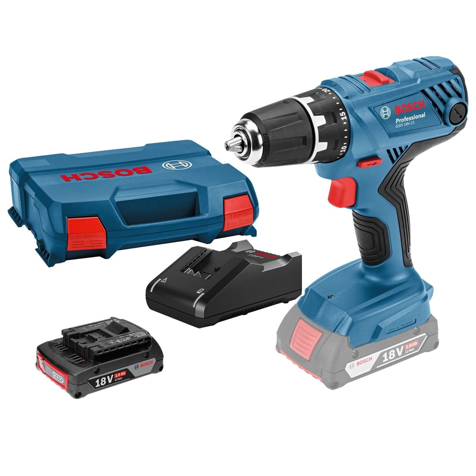 BOSCH Akku-Bohrschrauber Bosch Akku-Bohrschrauber GSR 18V-21 / 1x 2,0 Ah Akku + Ladegerät in L-