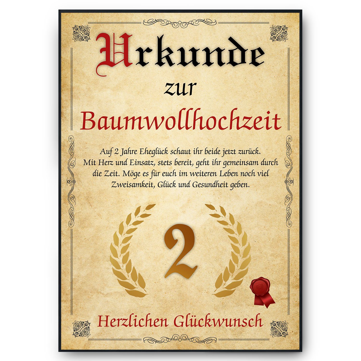 Tigerlino Poster Urkunde zum 2. Hochzeitstag Geschenk 2. Jahrestag Karte Ehepaar, Baumwollhochzeit