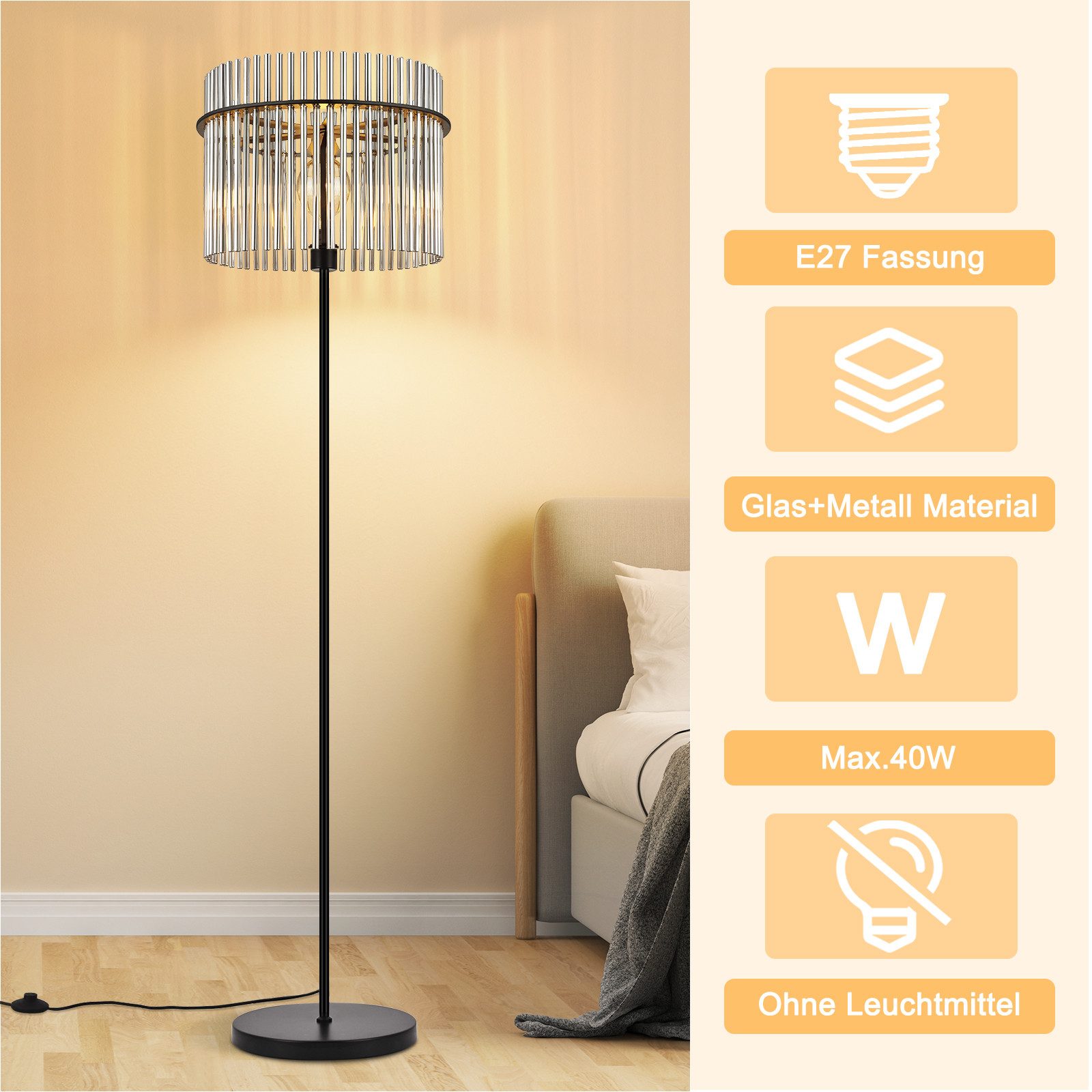 Nettlife Stehlampe Schwarz Modern Glas & Fußtaster E27 Standleuchte als Leselampe, ohne Leuchtmittel, für Wohnzimmer, Schlafzimmer, Büro, Kinderzimmer