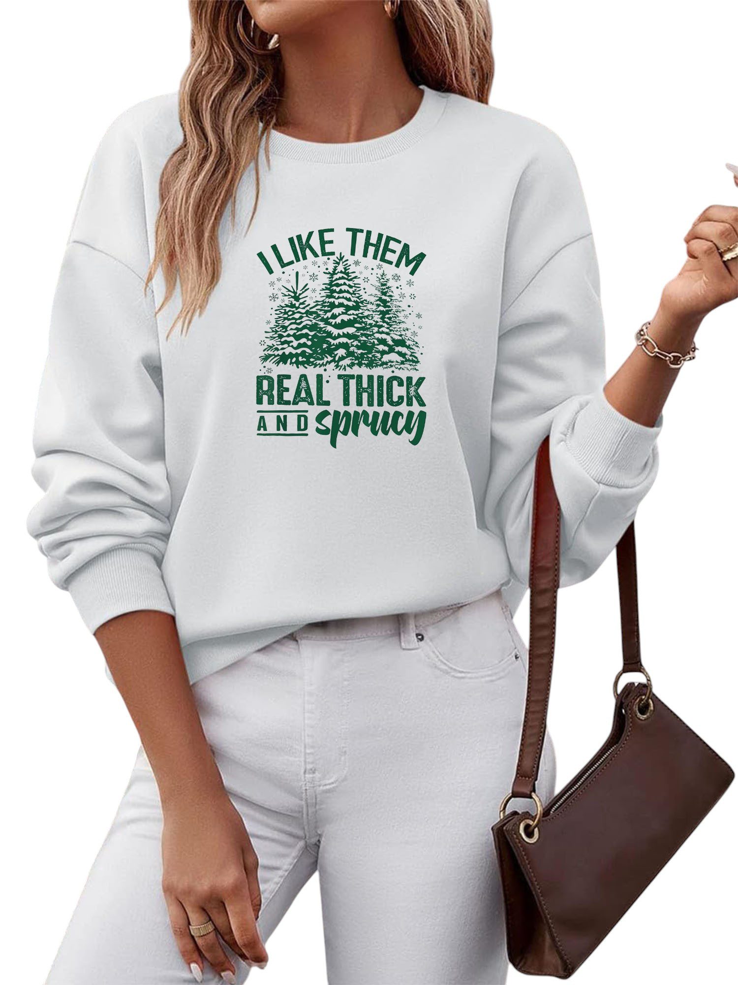 Fleecepullover Damen Oversized Sweatshirt mit Weihnachtsbaum Print, Warm Fleece-Mix