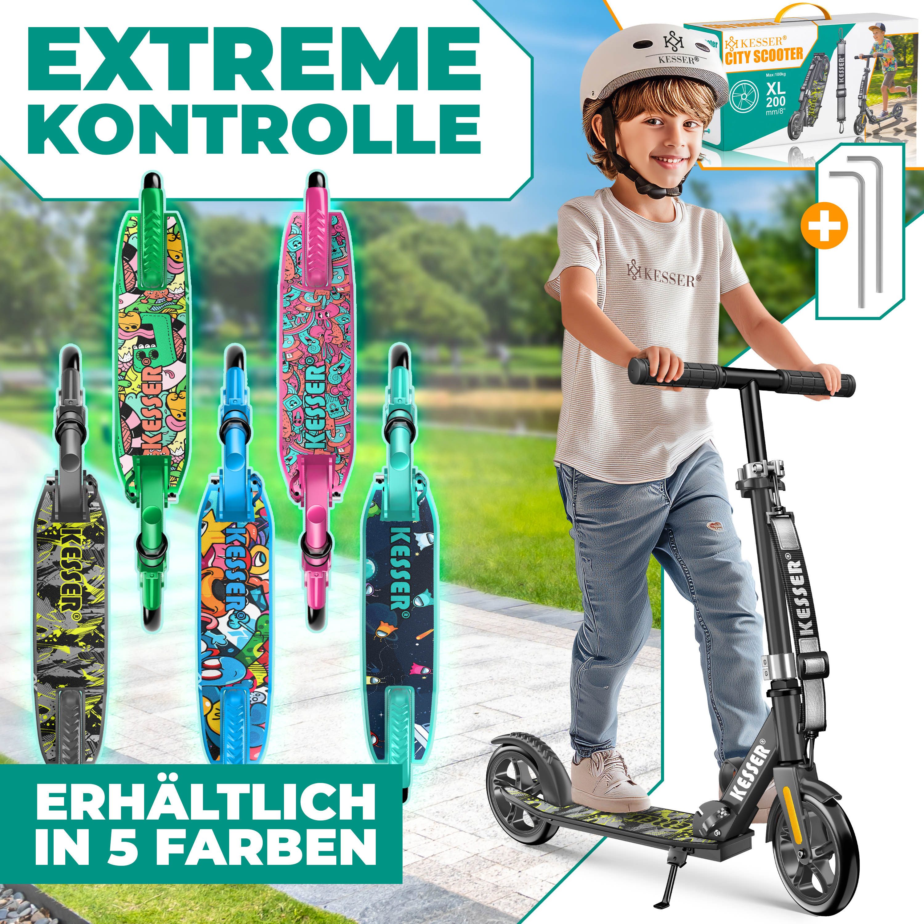 KESSER Scooter mit Hinterradbremse & rutschfeste Trittfläche, bis 100kg & 185cm Körpergröße, klappbar höhenverstellbar – Bild 3 von 5