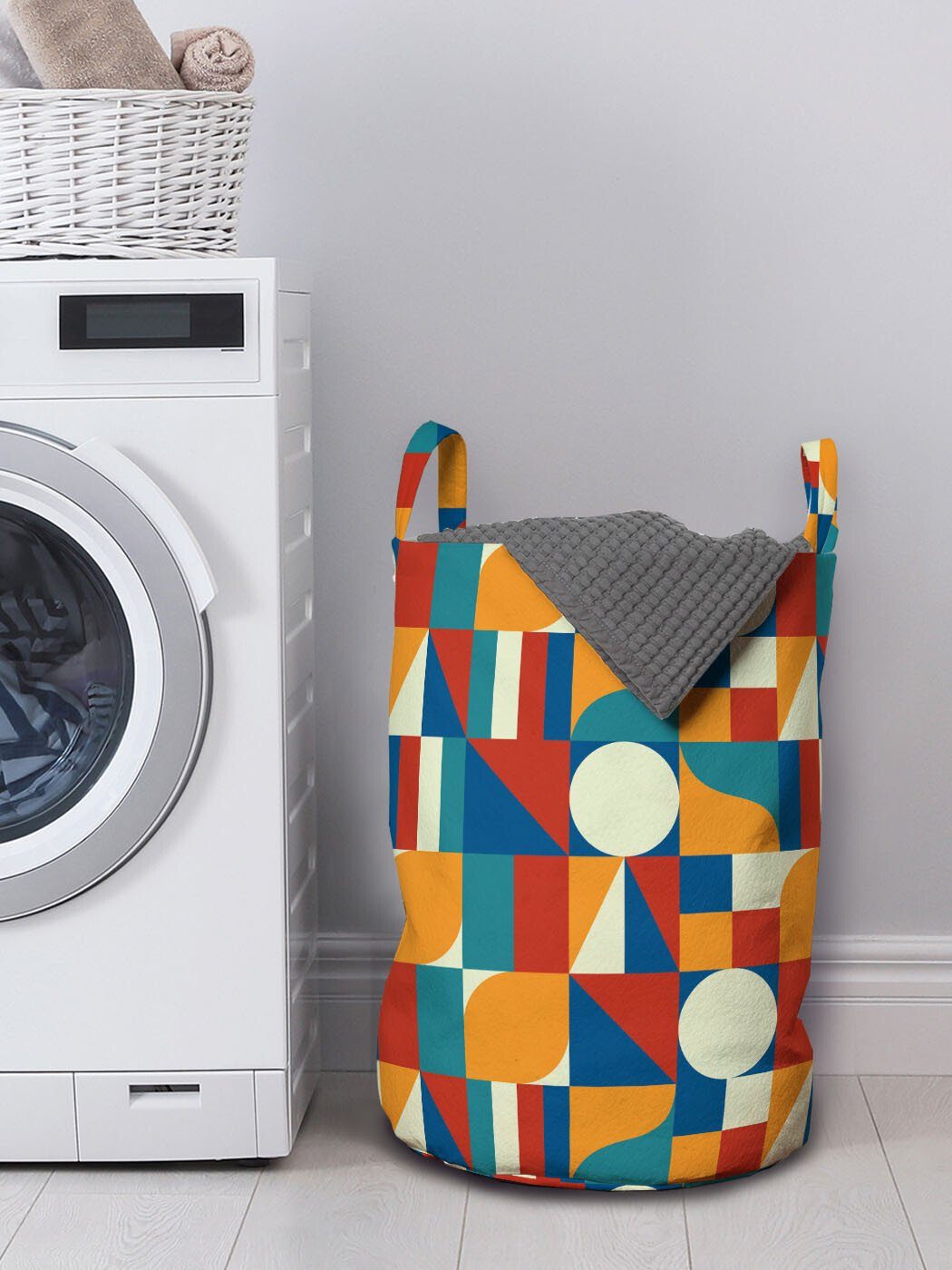 Kunst mit Griffen Geometrische Moderne Abakuhaus Kordelzugverschluss Wäschekorb für Kreis-Muster Wäschesäckchen Waschsalons,