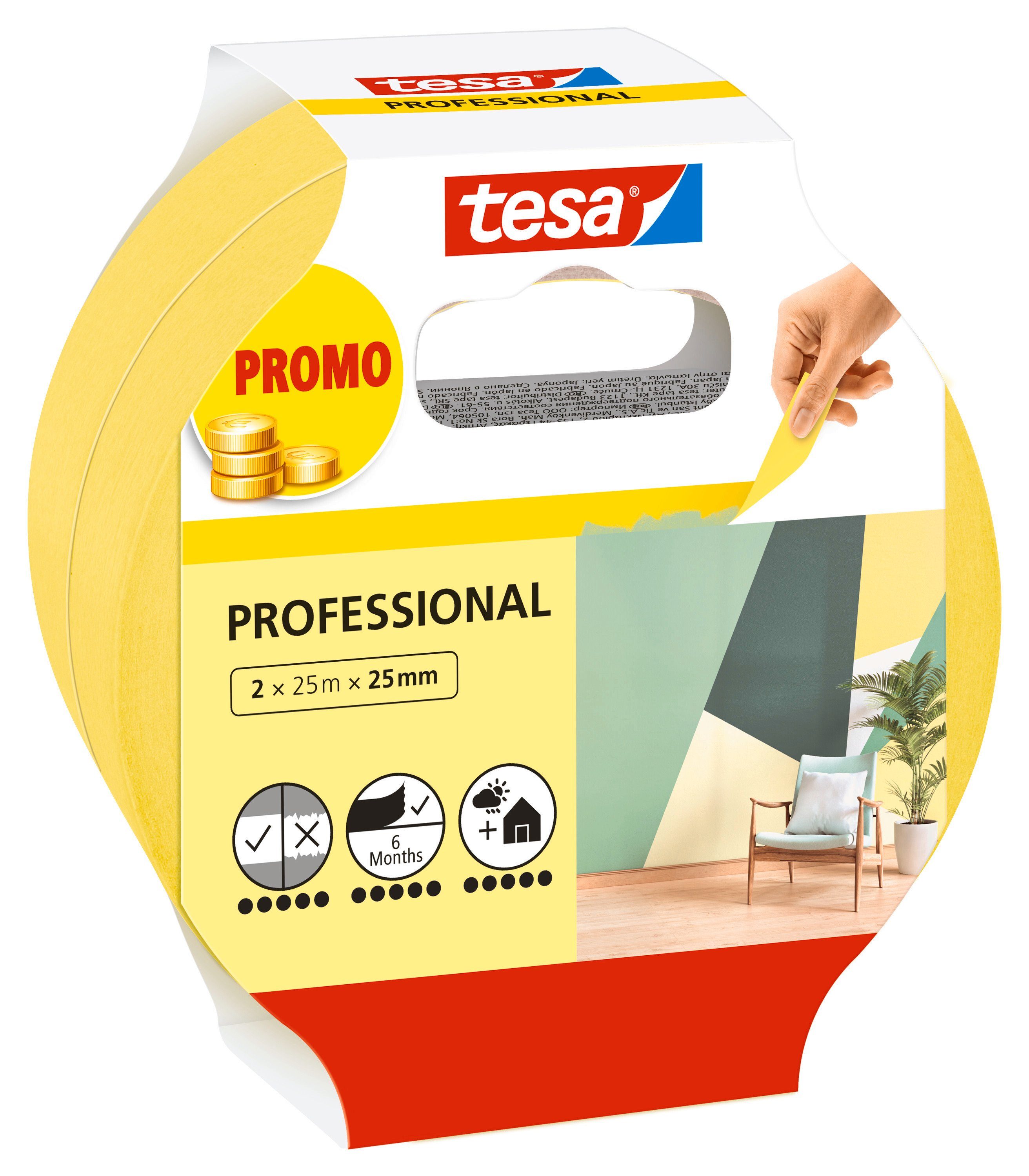 tesa Kreppband PROFESSIONAL Malerband (Spar-Set, 2-St) Abklebeband / Kreppband für sauberes Abkleben bei Malerarbeiten - gelb