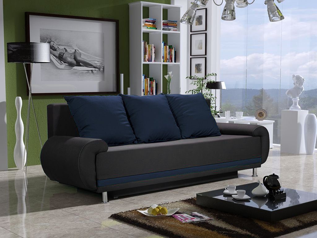 Fun Möbel Schlafsofa Sofa Designersofa MIKA 3-Sitzer mit Schlaffunktion, inkl. 3 Rückenkissen, mit Bettkasten Anthrazit-Blau