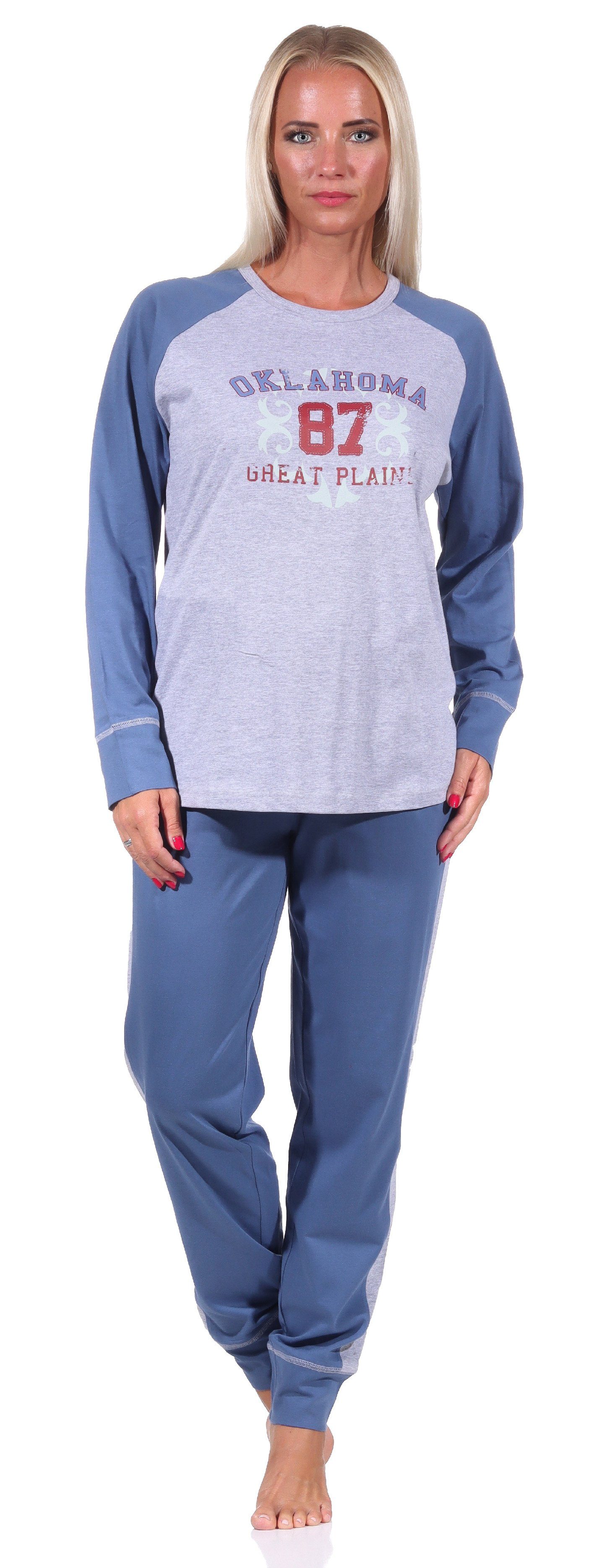 Normann Pyjama Damen Pyjama langarm Schlafanzug im College-Look mit Front Print grau-melange