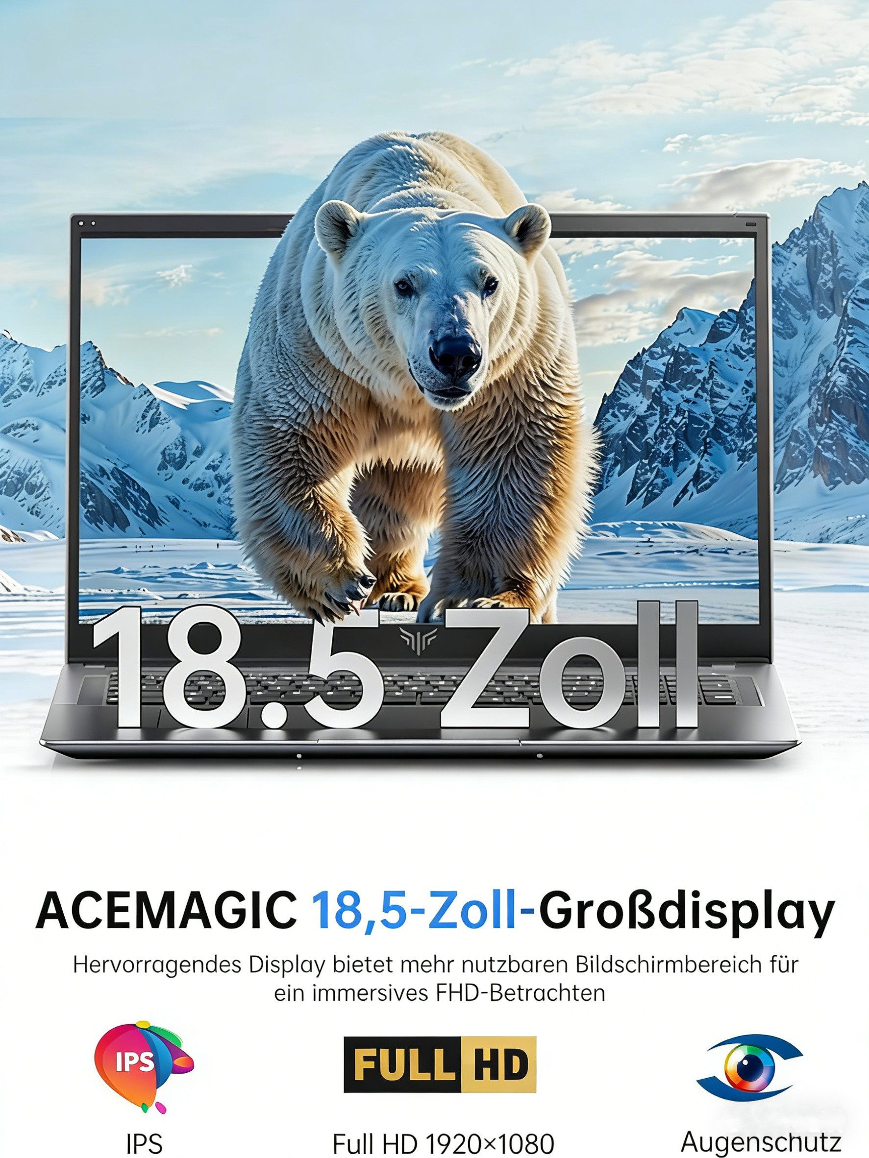 ACEMAGIC 18.5 Zoll FHD Notebook, AMD Ryzen 3, 16GB RAM, 512GB SSD Notebook (42,86 cm/18.5 Zoll, AMD AMD Ryzen 3 4300U, AMD Radeon Graphics, 16 GB, 512 GB SSD, bis zu 3.7 GHz, WIFI5, Bluetooth 5.0,mit Deutscher Tastaturfolie)