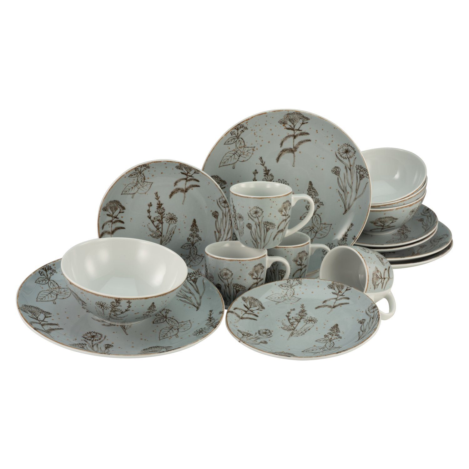 CreaTable Kombiservice Geschirr-Set Vintage Flowers (16-tlg), 4 Personen,  Porzellan, Service, Dekor mit Blüten und Gräsern, 16 Teile, für 4 Personen,  Farbglasur mit Sprenkeln und rustiklem Vintage Look, hier STEIN