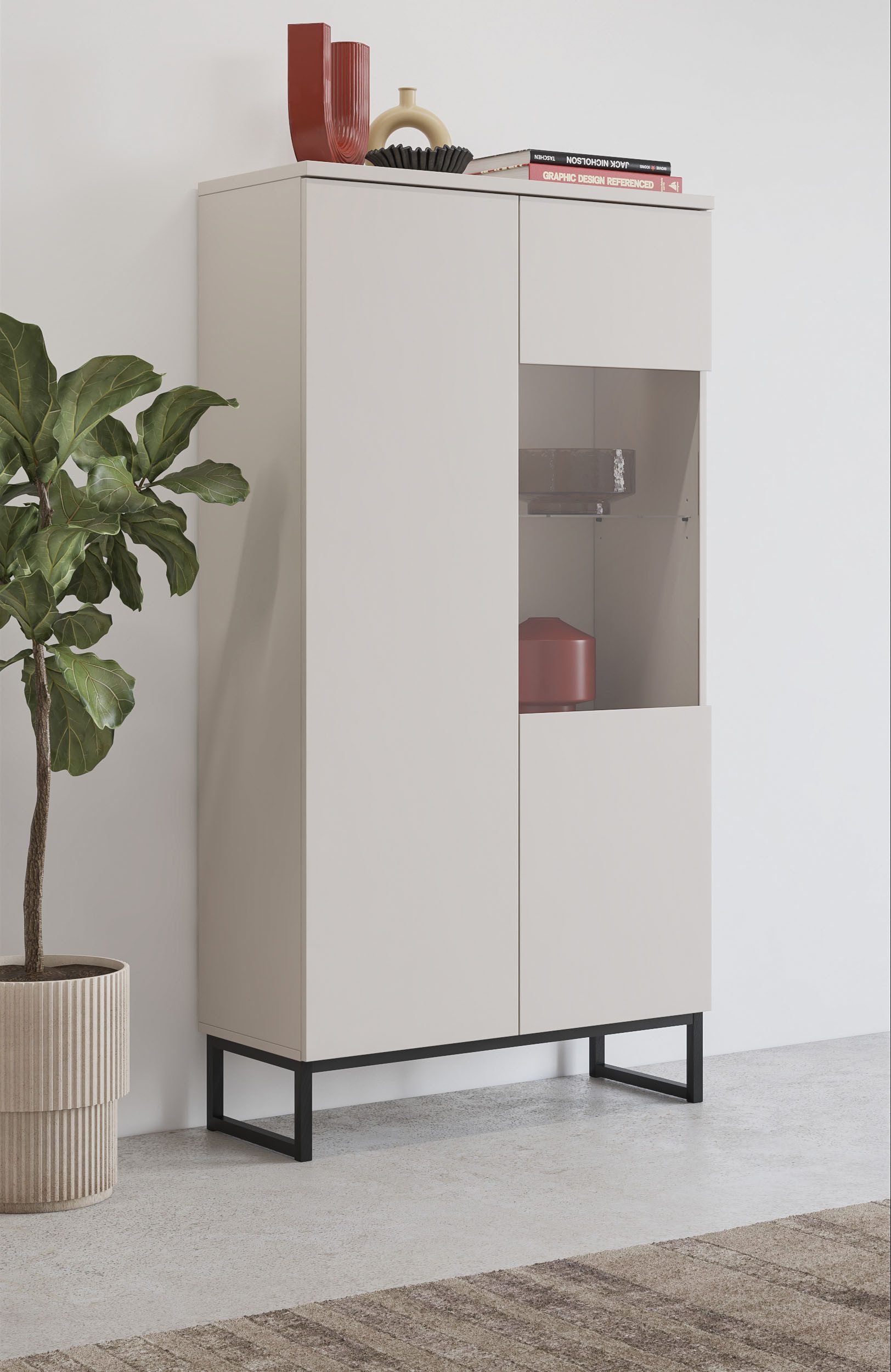 OTTO home Vitrine Modo II, Breite 80 cm, moderner griffloser Vitrineschrank Vitrine viel Stauraum, Einlegeböden verstellbar, Glastür, Metallkufen