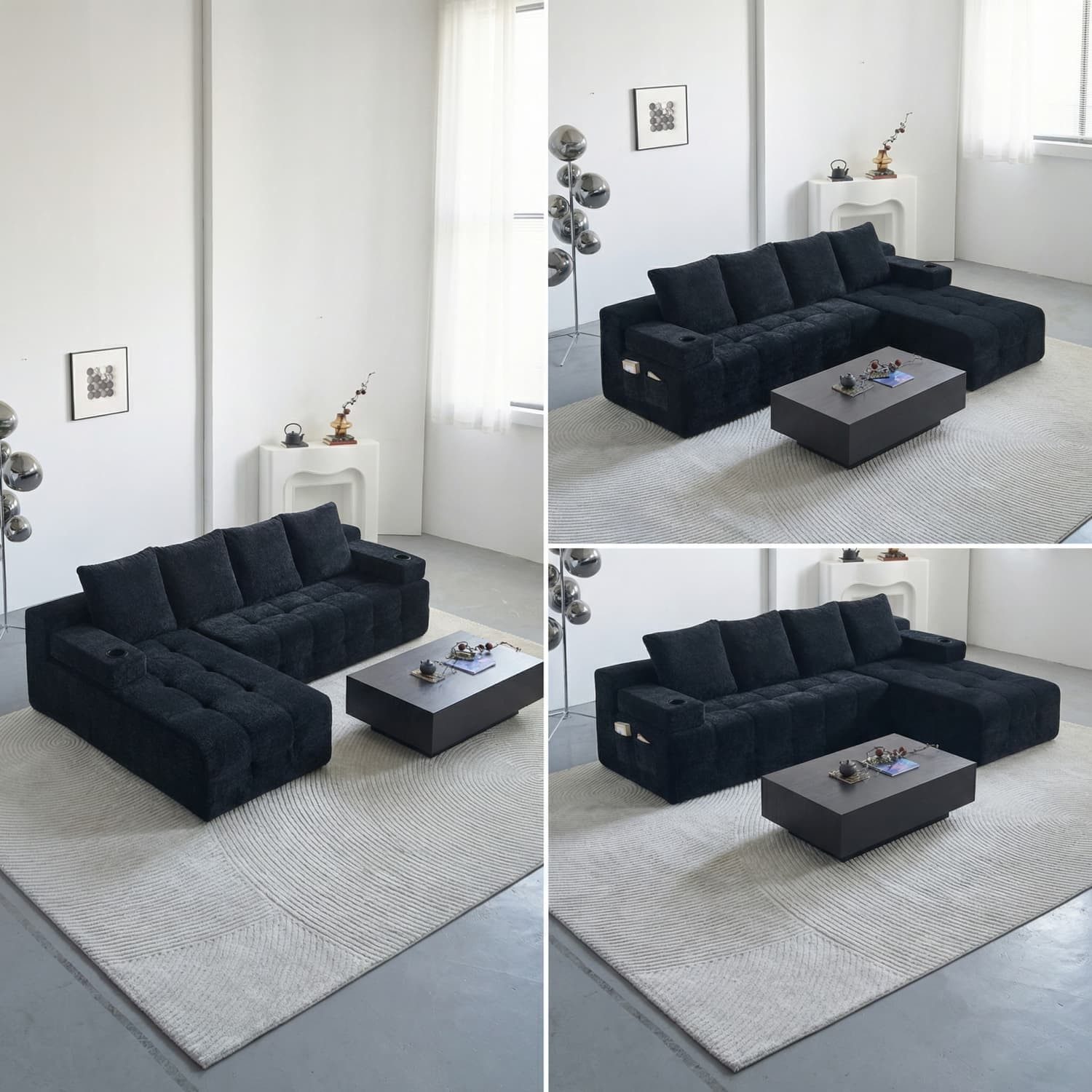 autolock Big-Sofa Chenille-L-Form moderner Sitzsofa mit umkehrbarer Chaise-Lounge, minimalistisches Design,Seitenfach,2 Tassenhalter,bequeme Sitzposition