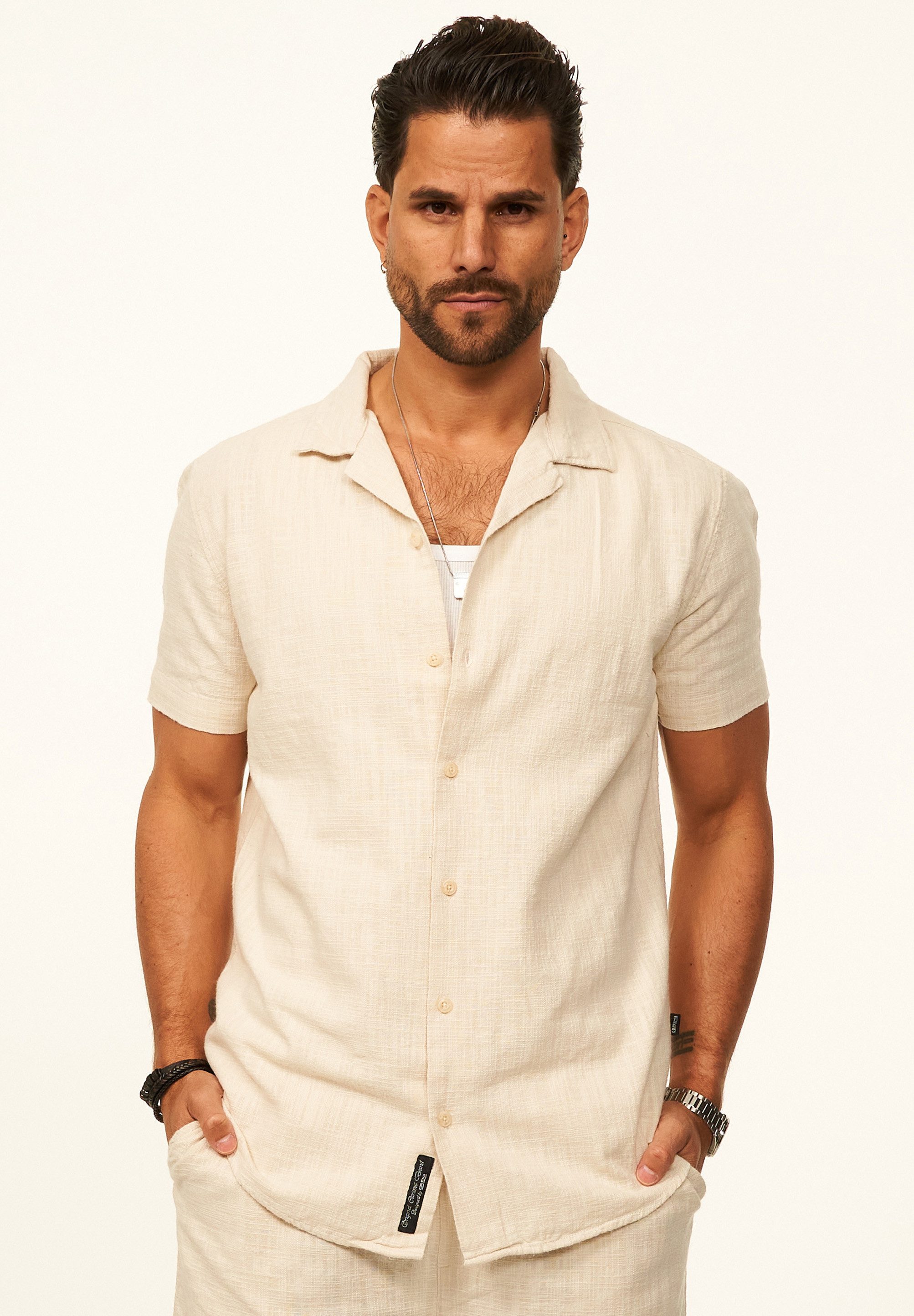 CARISMA Kurzarmhemd in Leinen-Optik als lässiges Sommerhemd - Poloshirt für Herren Herren Polohemd T-Shirt im Regular-Fit - Strandhemd