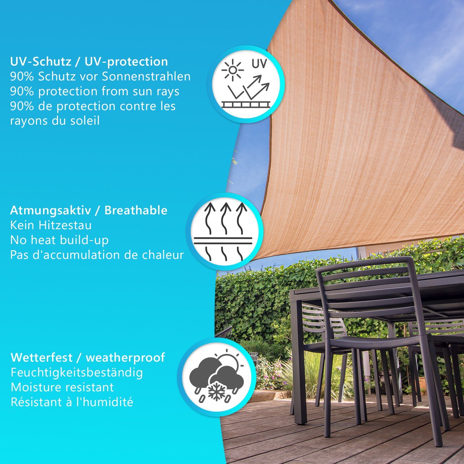 NYVI Sonnensegel Sonnensegel Rechteckig, 2x3 Balkon Terrasse (1-tlg), m hoher Premium sand Gewebe, UV-Schutz, - HDPE SunComfort Wohnwagen für Garten Rechteck Sonnenschutz