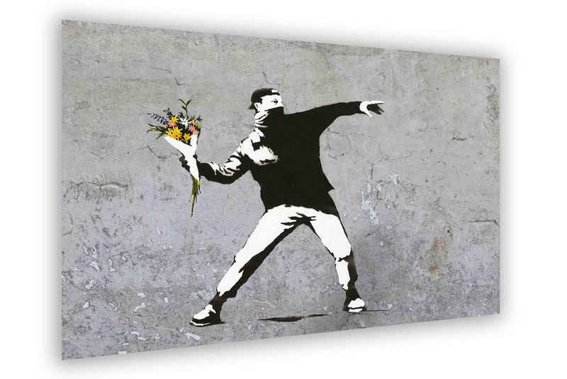 Leinwando Gemälde Banksy bilder Blumenwerfer Flowerriot grey hochkant / Leinwandbilder streetart Graffiti