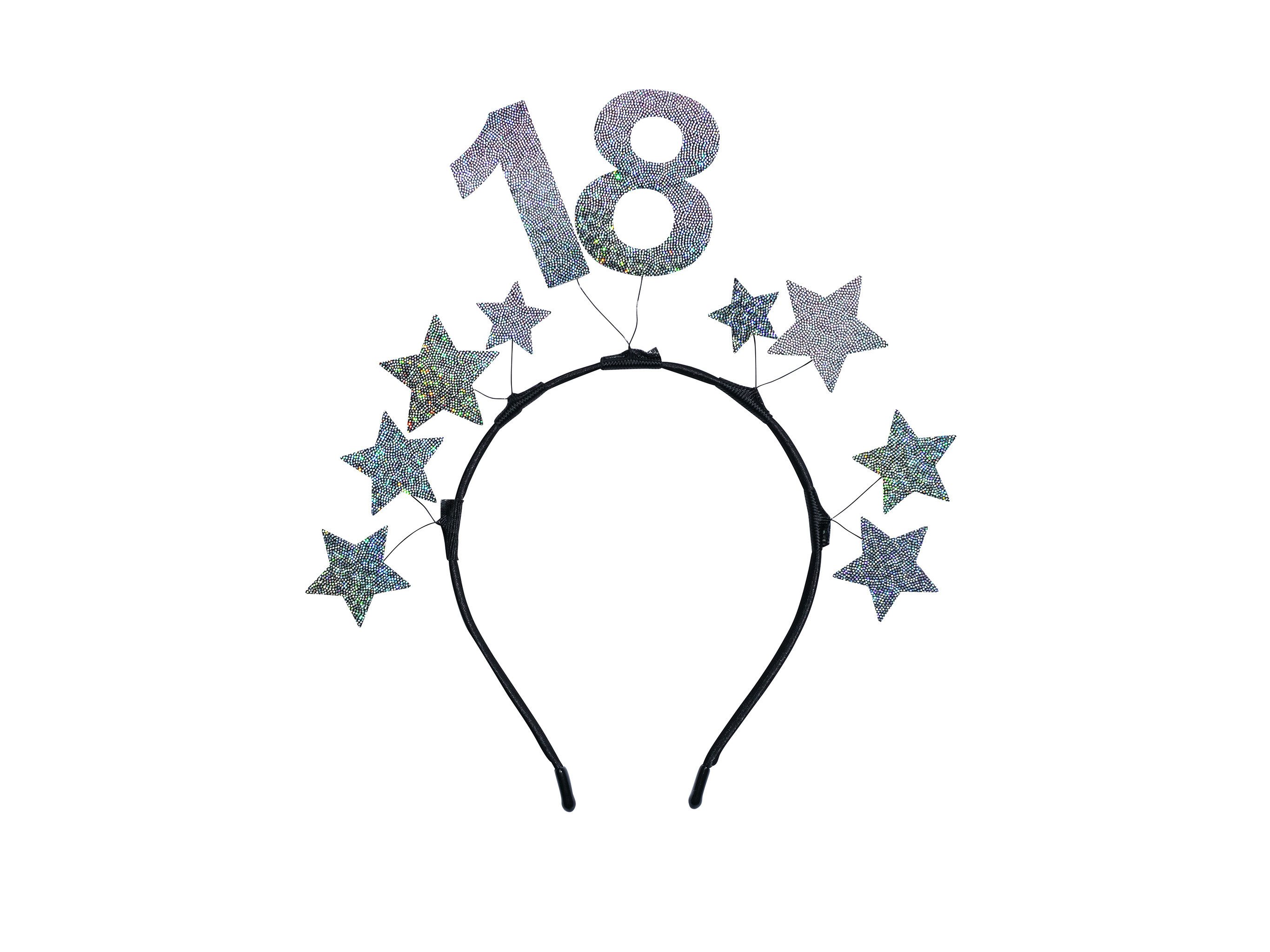 partydeco Haarreif, Haarreif mit der Zahl 18 und Sternen 22x21cm Schwarz / Silber