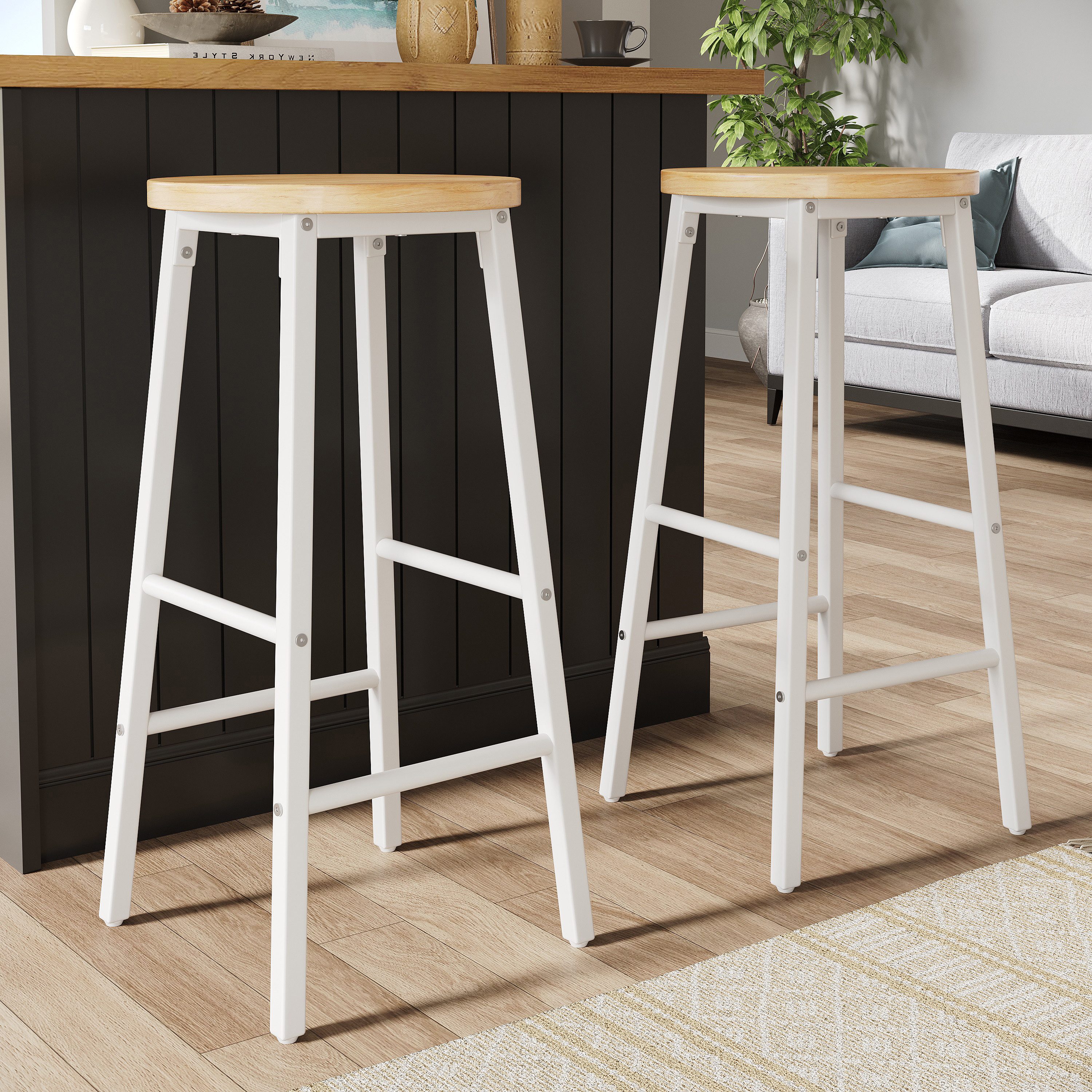 Flieks Barhocker mit runder Sitz in Holzoptik Natur (Set, 2 St., mit verstellbaren Fußpolstern), 2er Set Barstühle Esszimmerstühle, weißer Metallbeine, B30xH63 cm